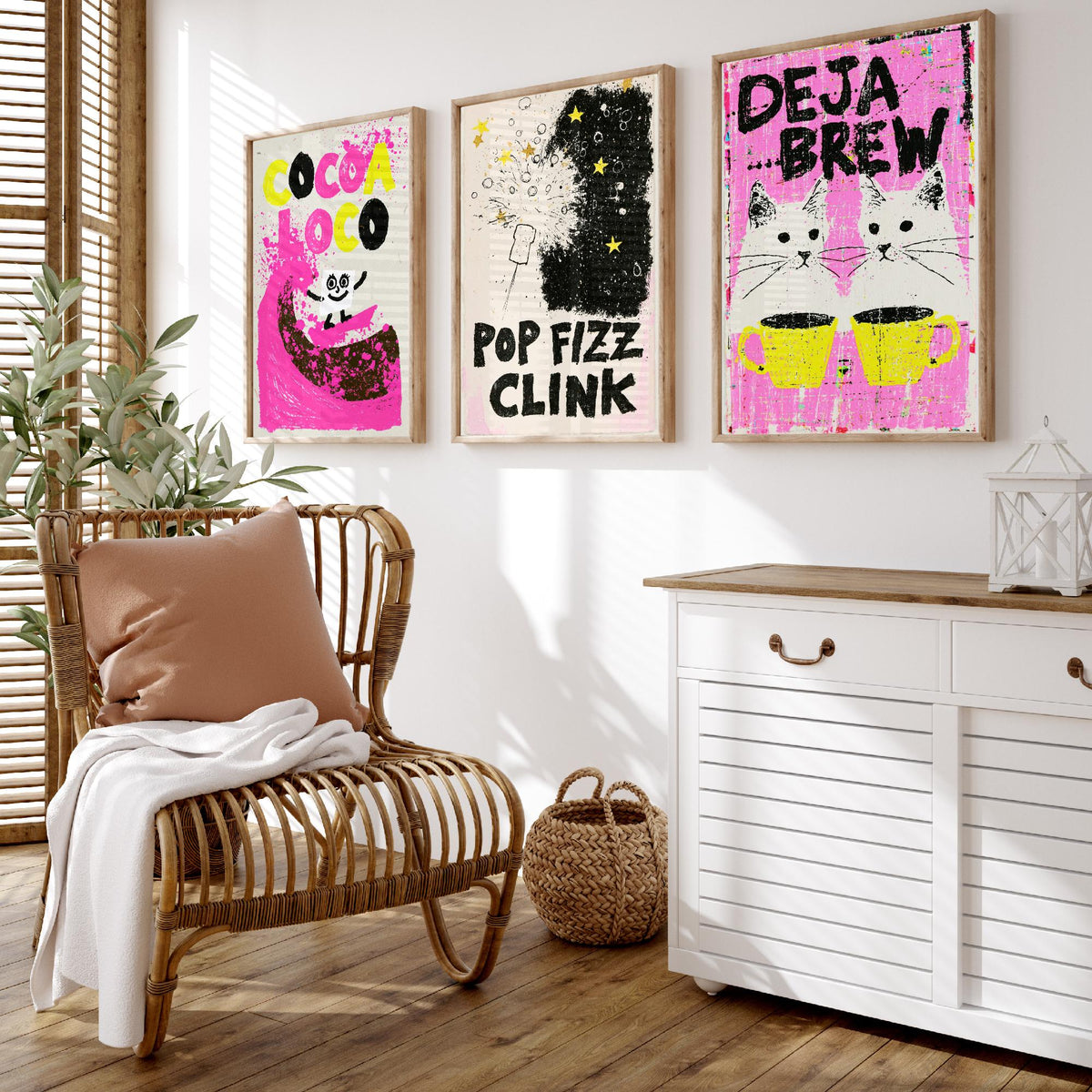 Cocoa Loco, Pop Fizz Clink and Deja Brew - Hot Pink Drinks Set of Three Art Prints - Hot Chocolate, Bubbly and Twin Cats Illustration Poster