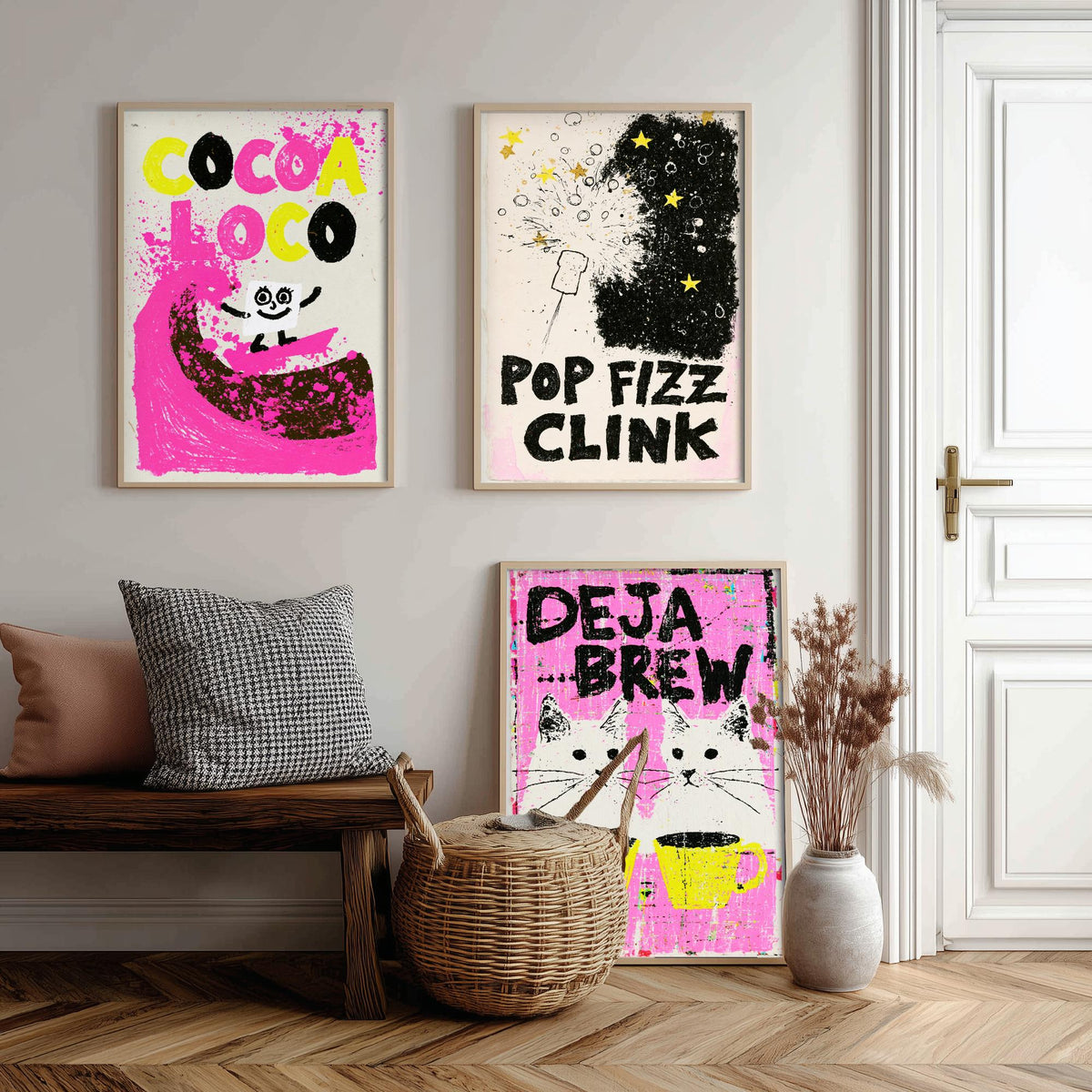 Cocoa Loco, Pop Fizz Clink and Deja Brew - Hot Pink Drinks Set of Three Art Prints - Hot Chocolate, Bubbly and Twin Cats Illustration Poster