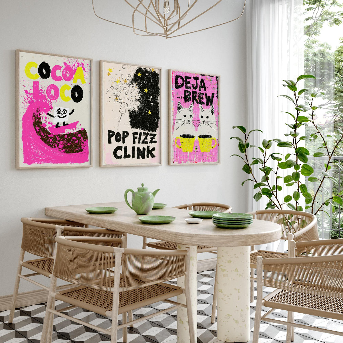 Cocoa Loco, Pop Fizz Clink and Deja Brew - Hot Pink Drinks Set of Three Art Prints - Hot Chocolate, Bubbly and Twin Cats Illustration Poster