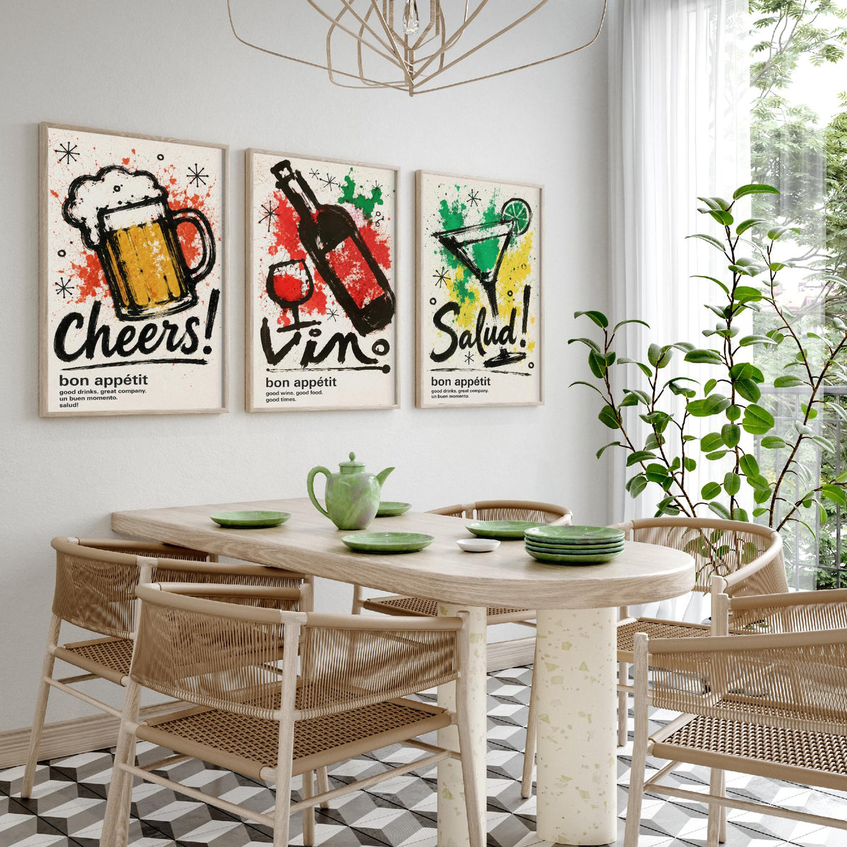 Drinks Bar Set of Three Art Prints - 3 Cheers Vino Salud Ink Splatter Posters - Kitchen Wall Art Gift Illustration Bar