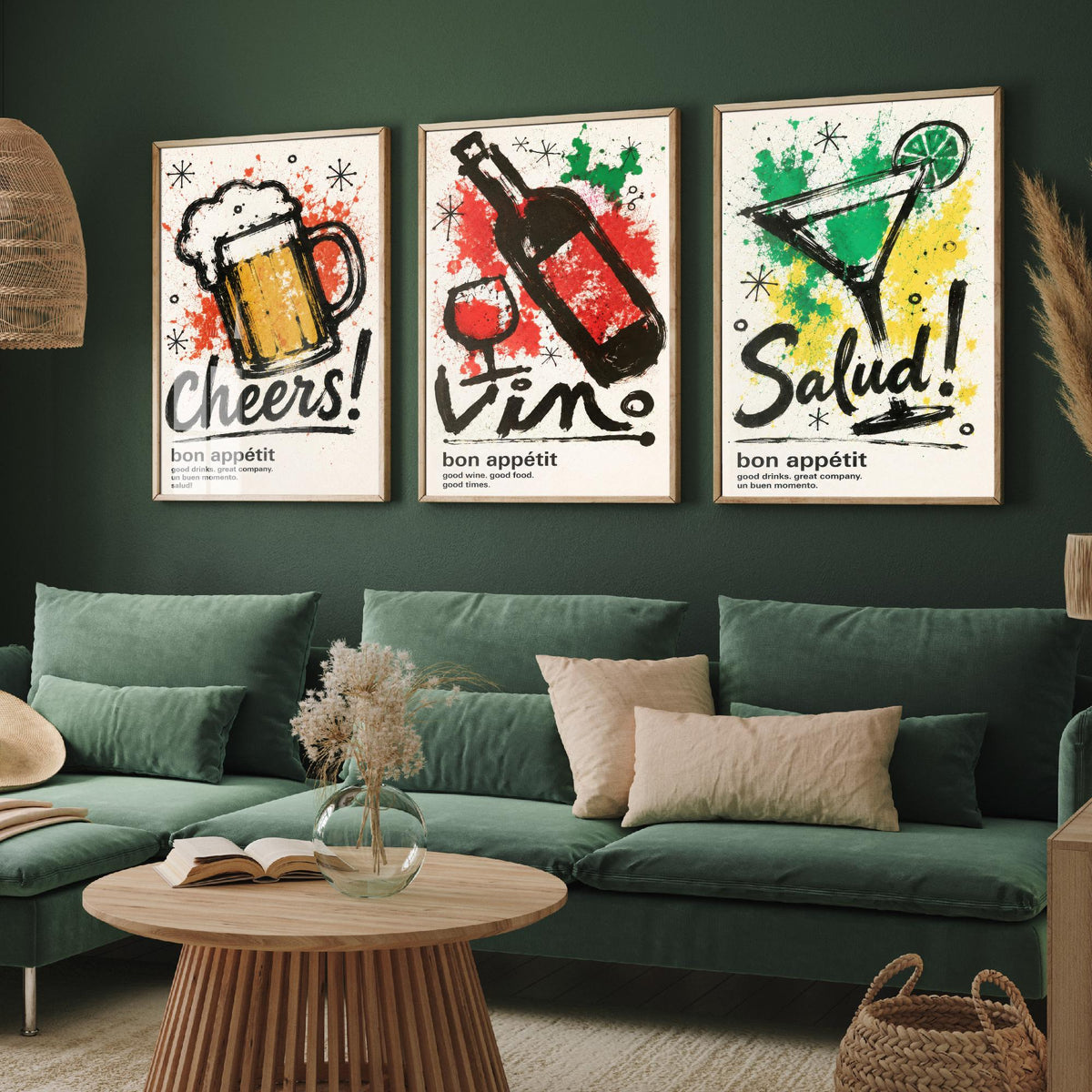 Drinks Bar Set of Three Art Prints - 3 Cheers Vino Salud Ink Splatter Posters - Kitchen Wall Art Gift Illustration Bar