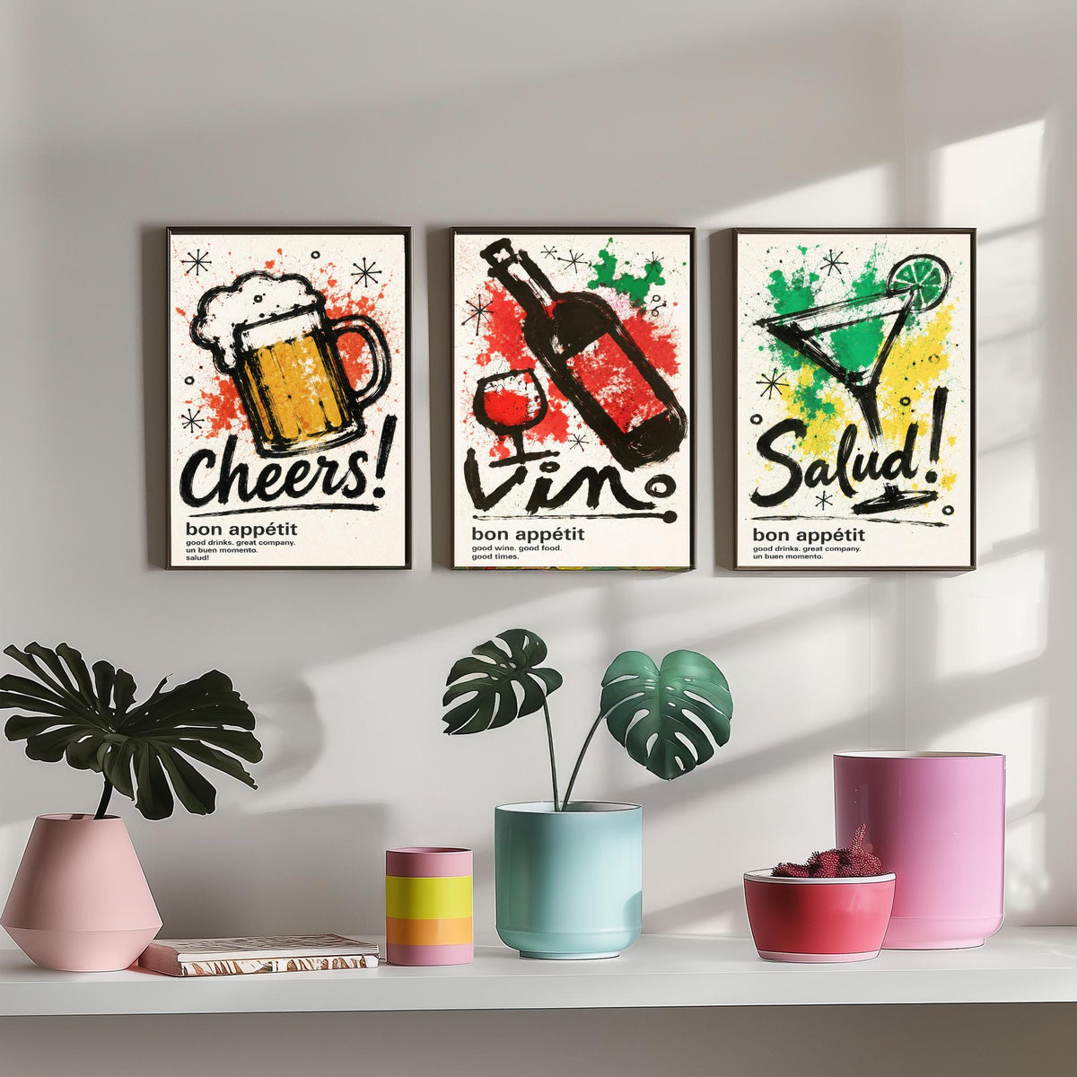 Drinks Bar Set of Three Art Prints - 3 Cheers Vino Salud Ink Splatter Posters - Kitchen Wall Art Gift Illustration Bar