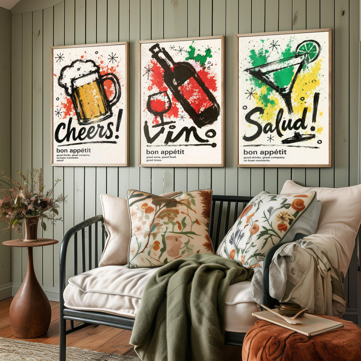 Drinks Bar Set of Three Art Prints - 3 Cheers Vino Salud Ink Splatter Posters - Kitchen Wall Art Gift Illustration Bar