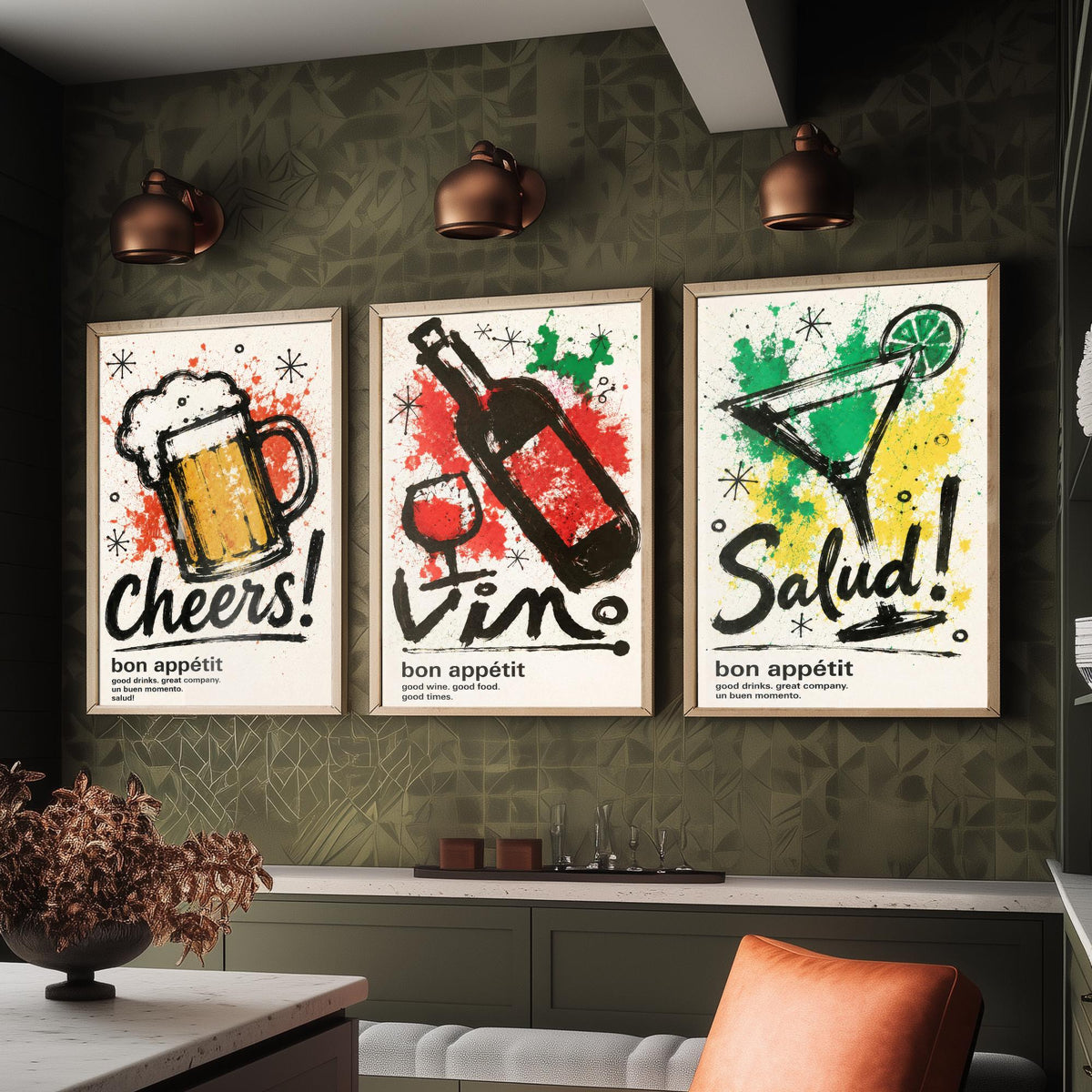 Drinks Bar Set of Three Art Prints - 3 Cheers Vino Salud Ink Splatter Posters - Kitchen Wall Art Gift Illustration Bar