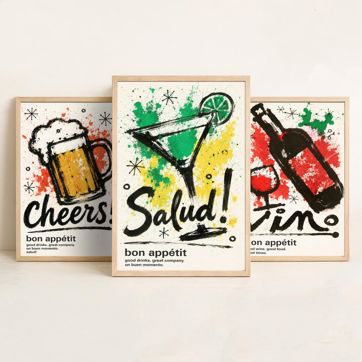 Drinks Bar Set of Three Art Prints - 3 Cheers Vino Salud Ink Splatter Posters - Kitchen Wall Art Gift Illustration Bar