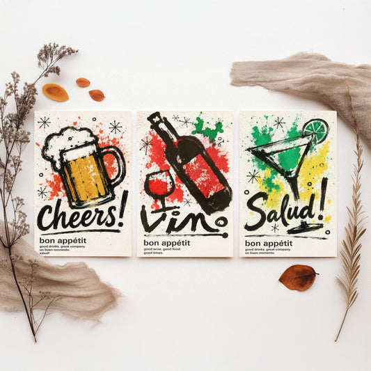 Drinks Bar Set of Three Art Prints - 3 Cheers Vino Salud Ink Splatter Posters - Kitchen Wall Art Gift Illustration Bar