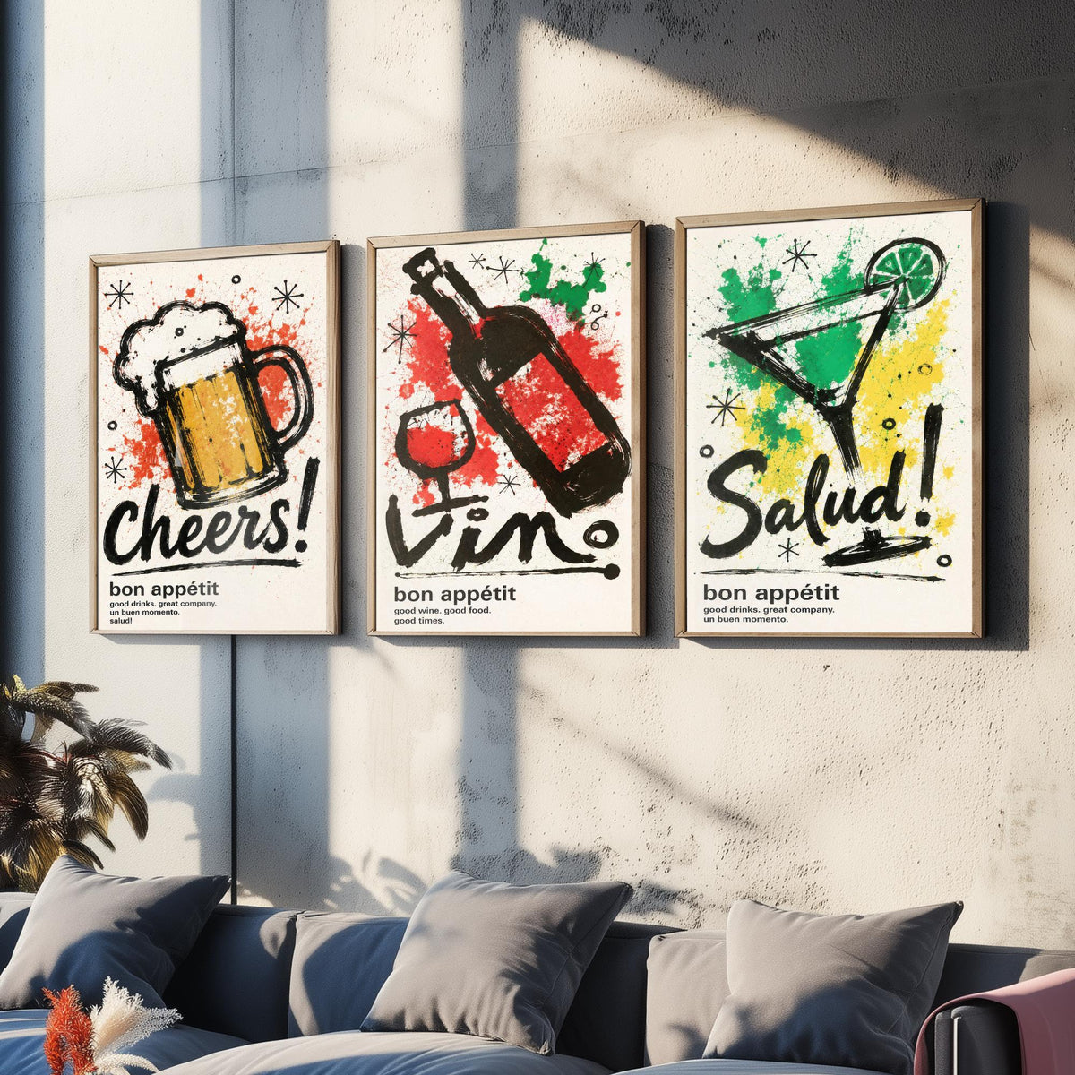 Drinks Bar Set of Three Art Prints - 3 Cheers Vino Salud Ink Splatter Posters - Kitchen Wall Art Gift Illustration Bar