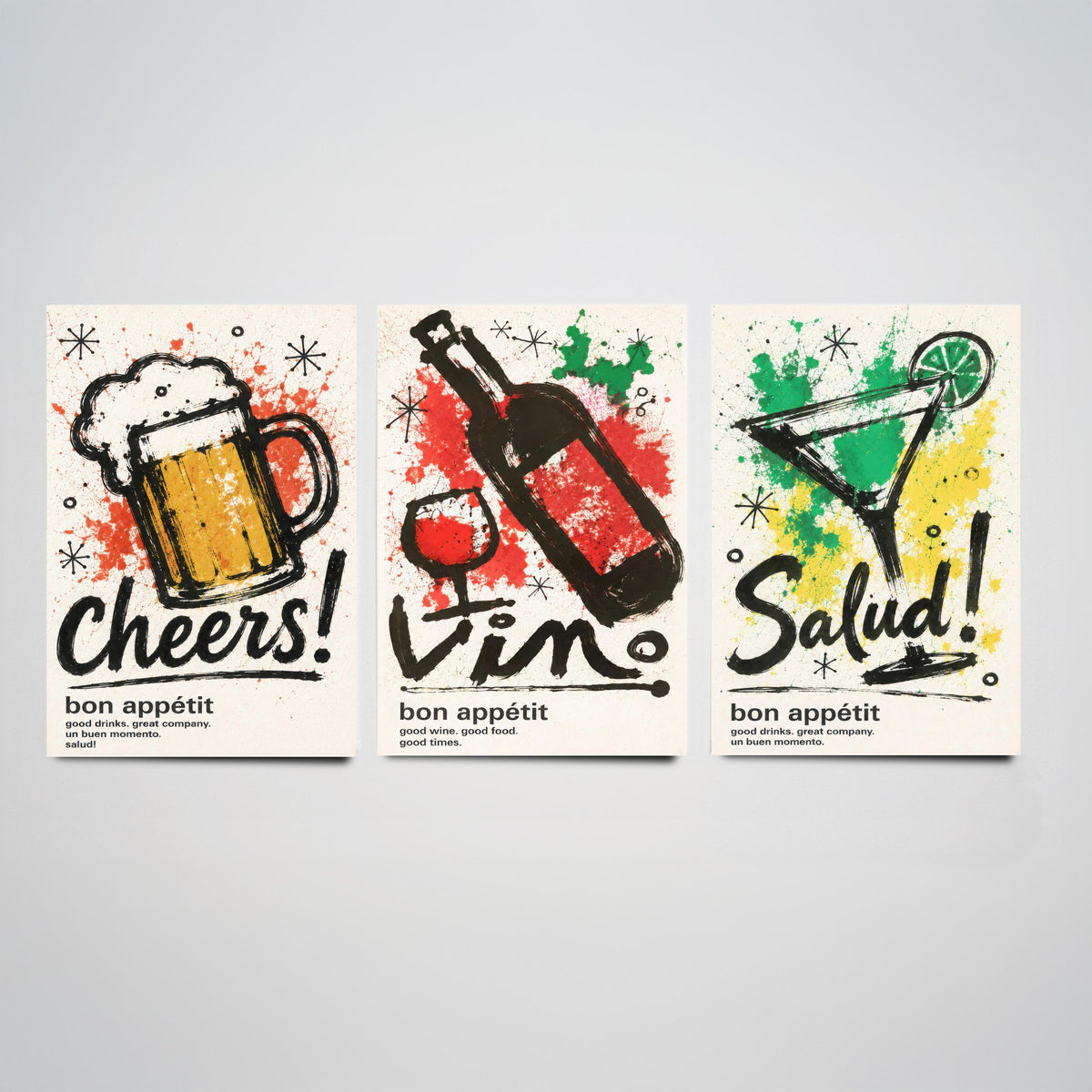 Drinks Bar Set of Three Art Prints - 3 Cheers Vino Salud Ink Splatter Posters - Kitchen Wall Art Gift Illustration Bar