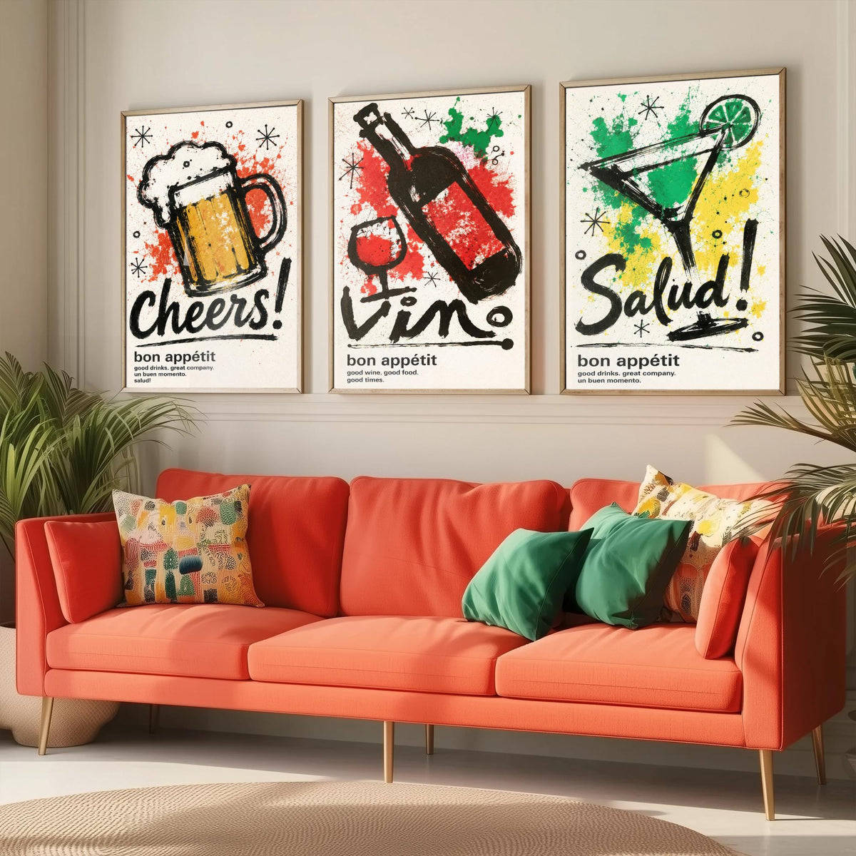 Drinks Bar Set of Three Art Prints - 3 Cheers Vino Salud Ink Splatter Posters - Kitchen Wall Art Gift Illustration Bar