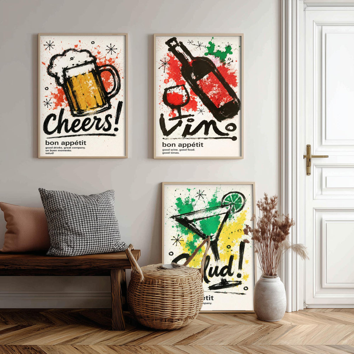 Drinks Bar Set of Three Art Prints - 3 Cheers Vino Salud Ink Splatter Posters - Kitchen Wall Art Gift Illustration Bar