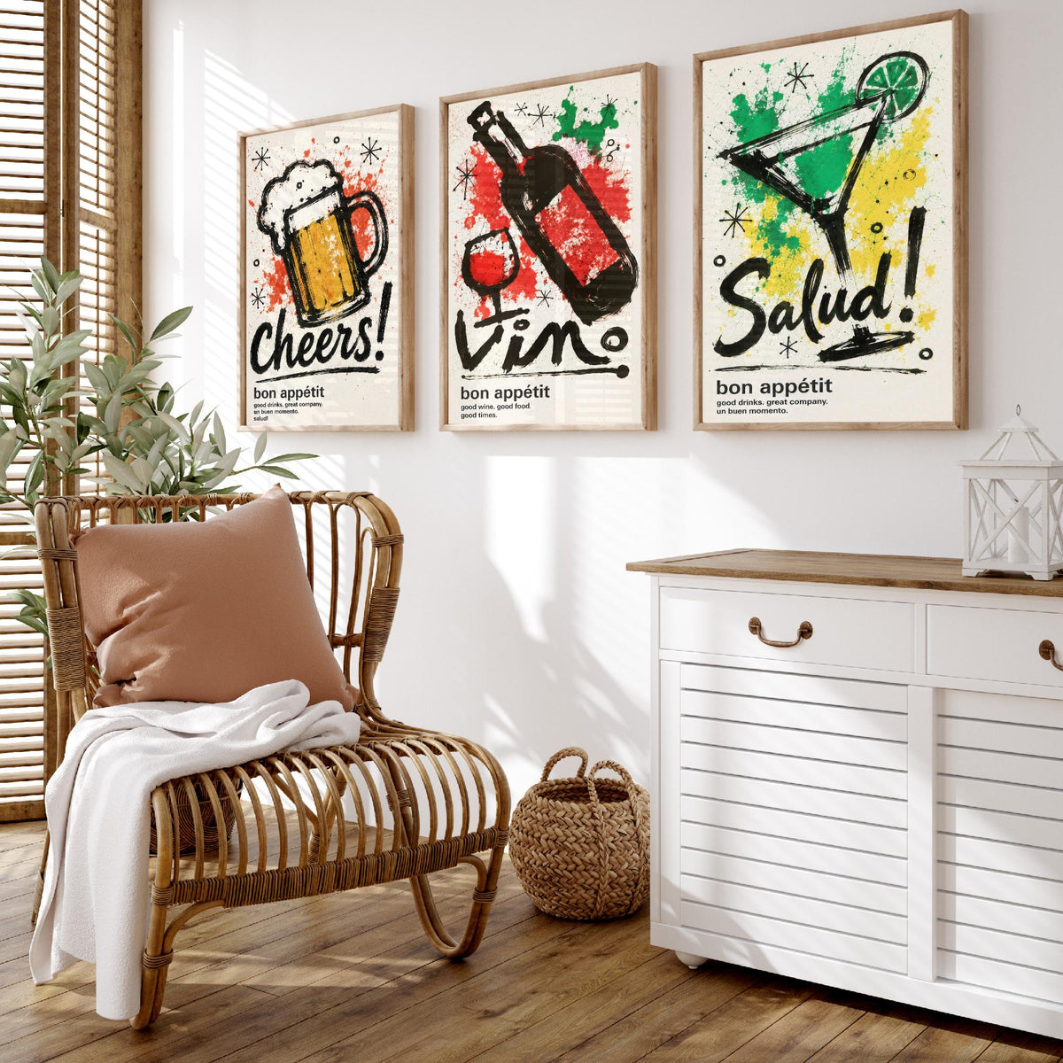 Drinks Bar Set of Three Art Prints - 3 Cheers Vino Salud Ink Splatter Posters - Kitchen Wall Art Gift Illustration Bar