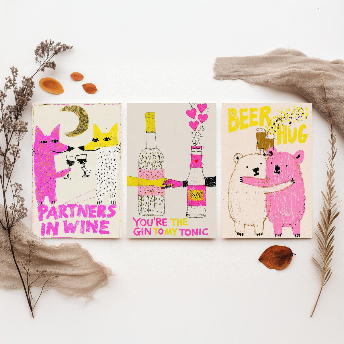 Partners in Wine, You're the Gin to My Tonic, Beer Hug - Love Drinks Set of Three Art Prints - Fox and Bear Poster - Pink Illustration