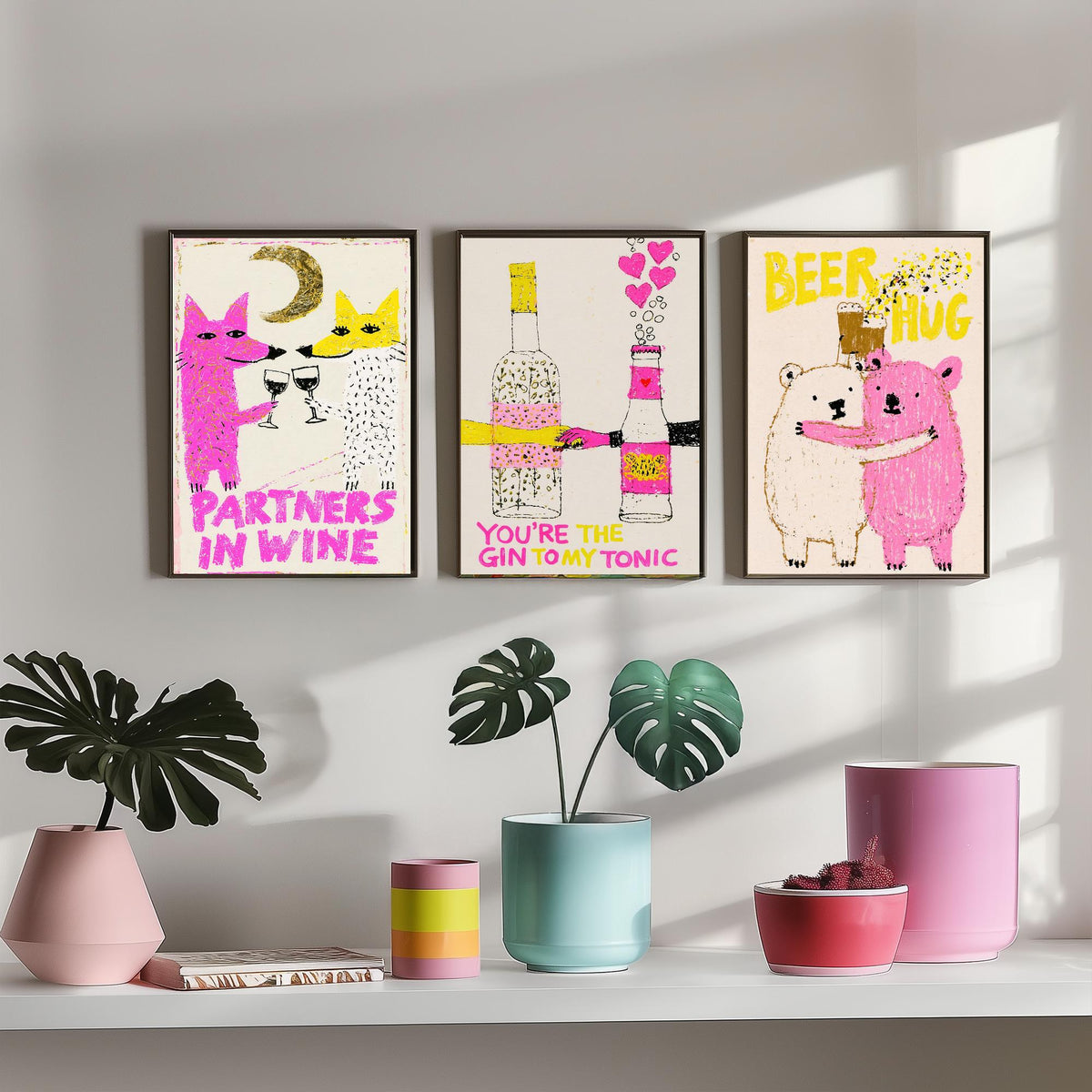 Partners in Wine, You're the Gin to My Tonic, Beer Hug - Love Drinks Set of Three Art Prints - Fox and Bear Poster - Pink Illustration