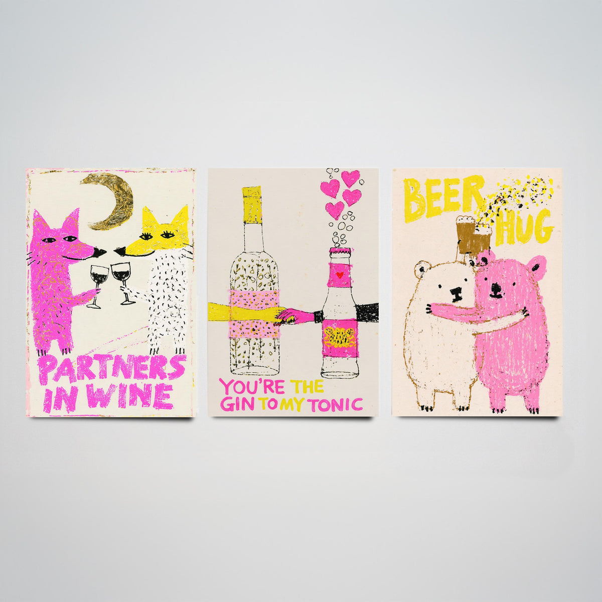 Partners in Wine, You're the Gin to My Tonic, Beer Hug - Love Drinks Set of Three Art Prints - Fox and Bear Poster - Pink Illustration