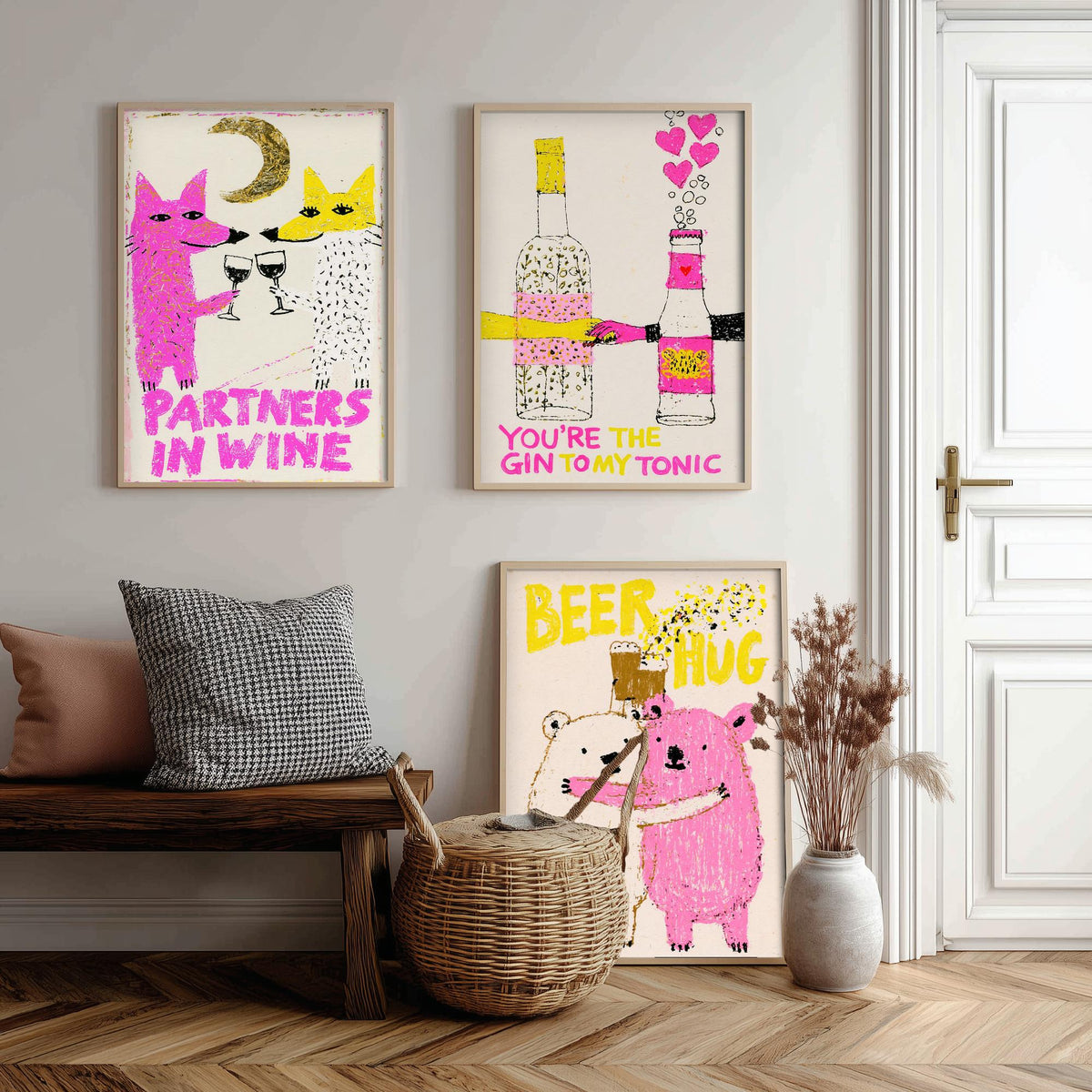 Partners in Wine, You're the Gin to My Tonic, Beer Hug - Love Drinks Set of Three Art Prints - Fox and Bear Poster - Pink Illustration