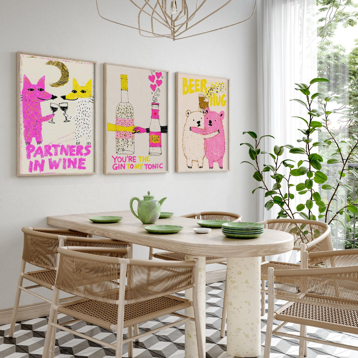 Partners in Wine, You're the Gin to My Tonic, Beer Hug - Love Drinks Set of Three Art Prints - Fox and Bear Poster - Pink Illustration