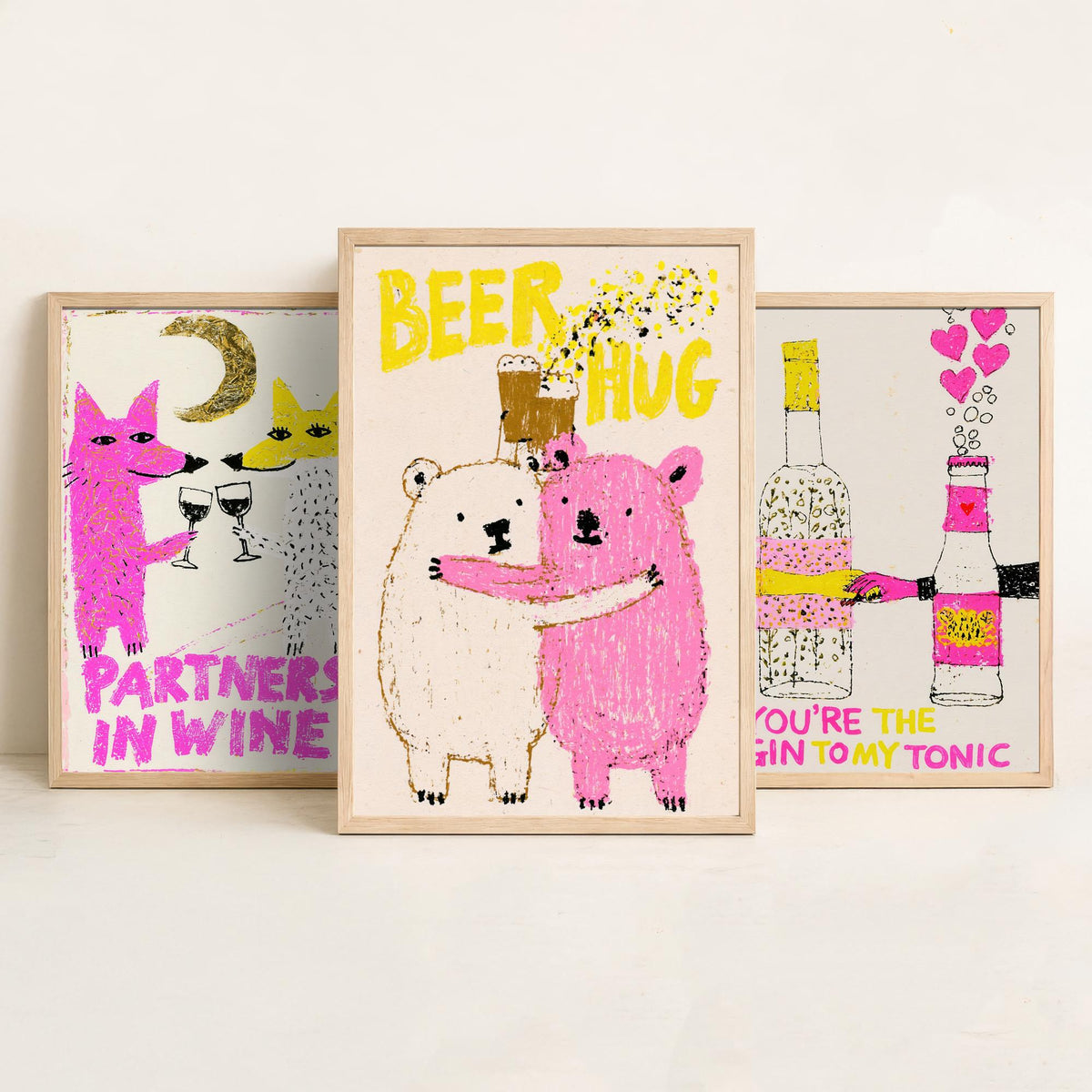 Partners in Wine, You're the Gin to My Tonic, Beer Hug - Love Drinks Set of Three Art Prints - Fox and Bear Poster - Pink Illustration