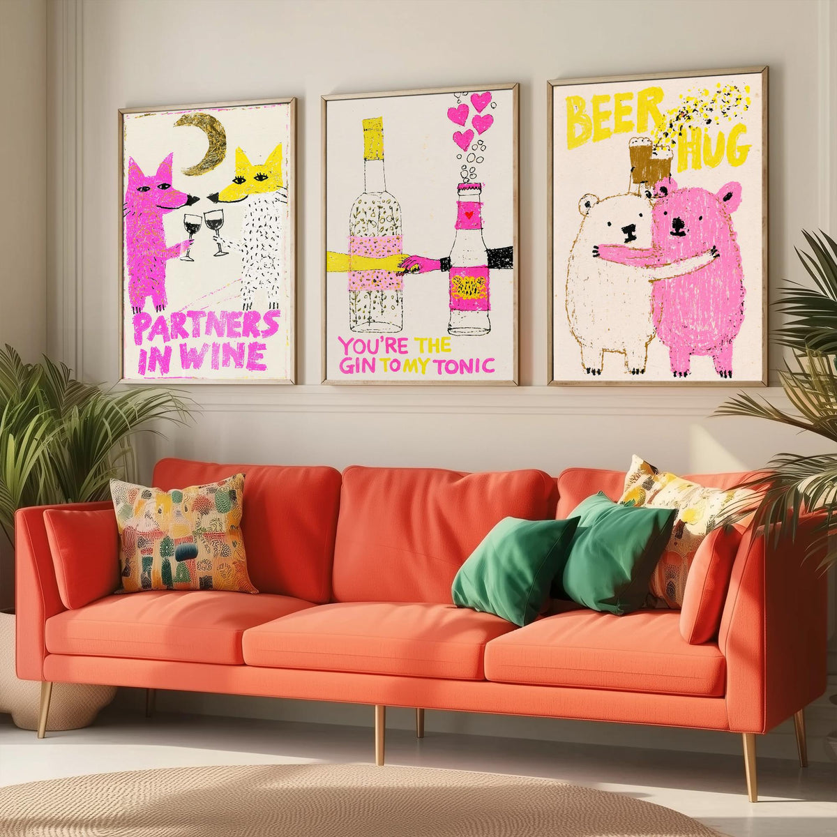 Partners in Wine, You're the Gin to My Tonic, Beer Hug - Love Drinks Set of Three Art Prints - Fox and Bear Poster - Pink Illustration