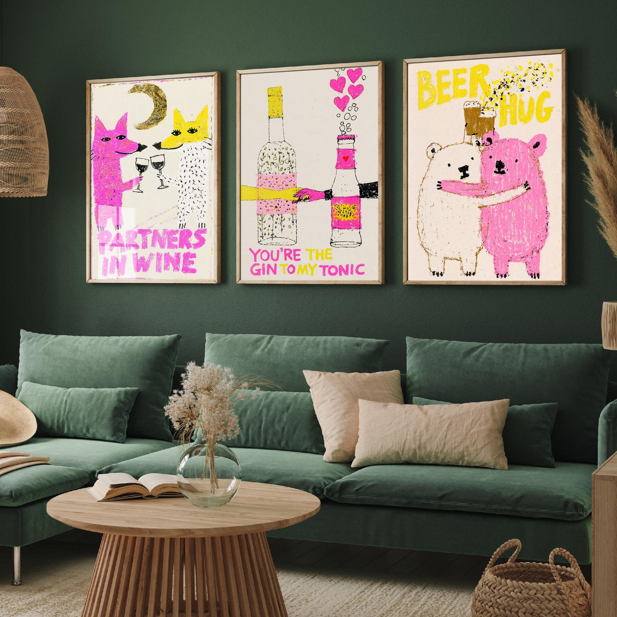 Partners in Wine, You're the Gin to My Tonic, Beer Hug - Love Drinks Set of Three Art Prints - Fox and Bear Poster - Pink Illustration