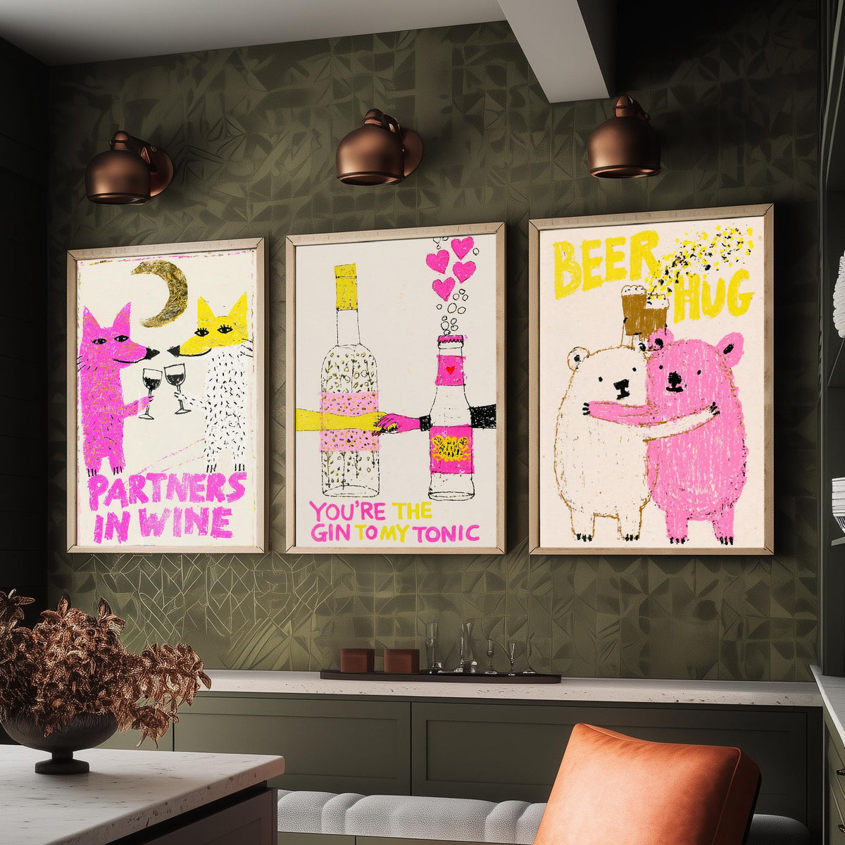 Partners in Wine, You're the Gin to My Tonic, Beer Hug - Love Drinks Set of Three Art Prints - Fox and Bear Poster - Pink Illustration