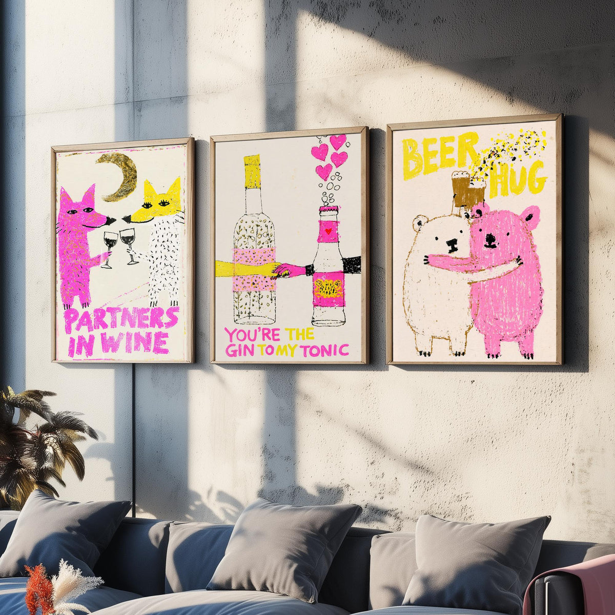Partners in Wine, You're the Gin to My Tonic, Beer Hug - Love Drinks Set of Three Art Prints - Fox and Bear Poster - Pink Illustration