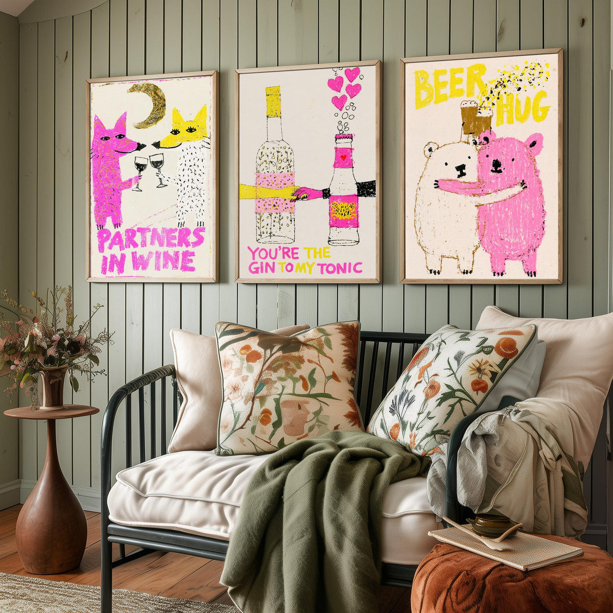 Partners in Wine, You're the Gin to My Tonic, Beer Hug - Love Drinks Set of Three Art Prints - Fox and Bear Poster - Pink Illustration