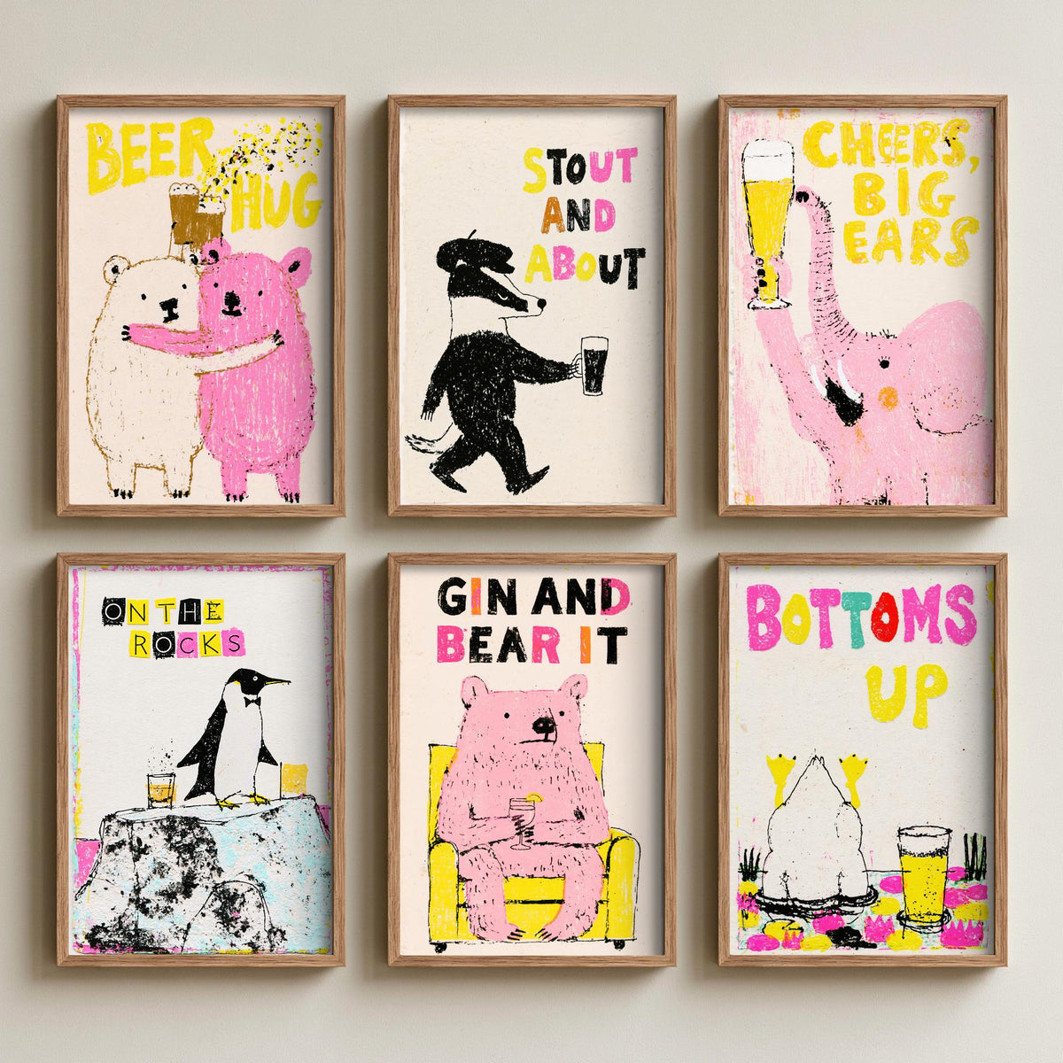 Set of Six Pub Animal Art Prints - 6 Funny Drinks Posters - Beer Hug, Stout and About, Cheers Big Ears, Gin and Bear It Illustration