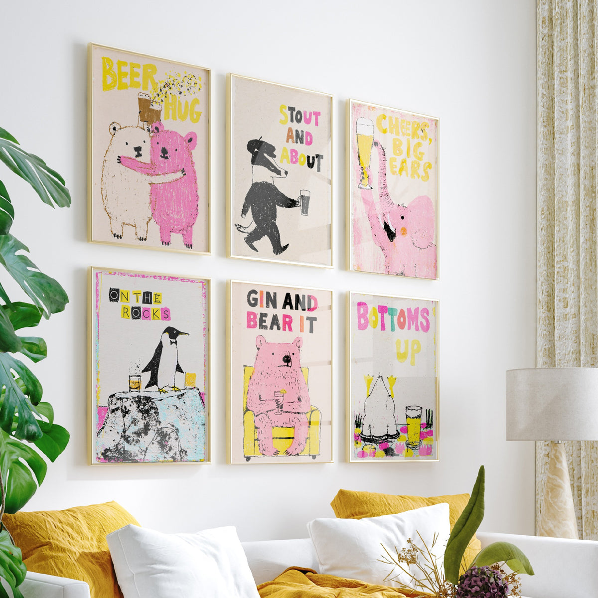 Set of Six Pub Animal Art Prints - 6 Funny Drinks Posters - Beer Hug, Stout and About, Cheers Big Ears, Gin and Bear It Illustration