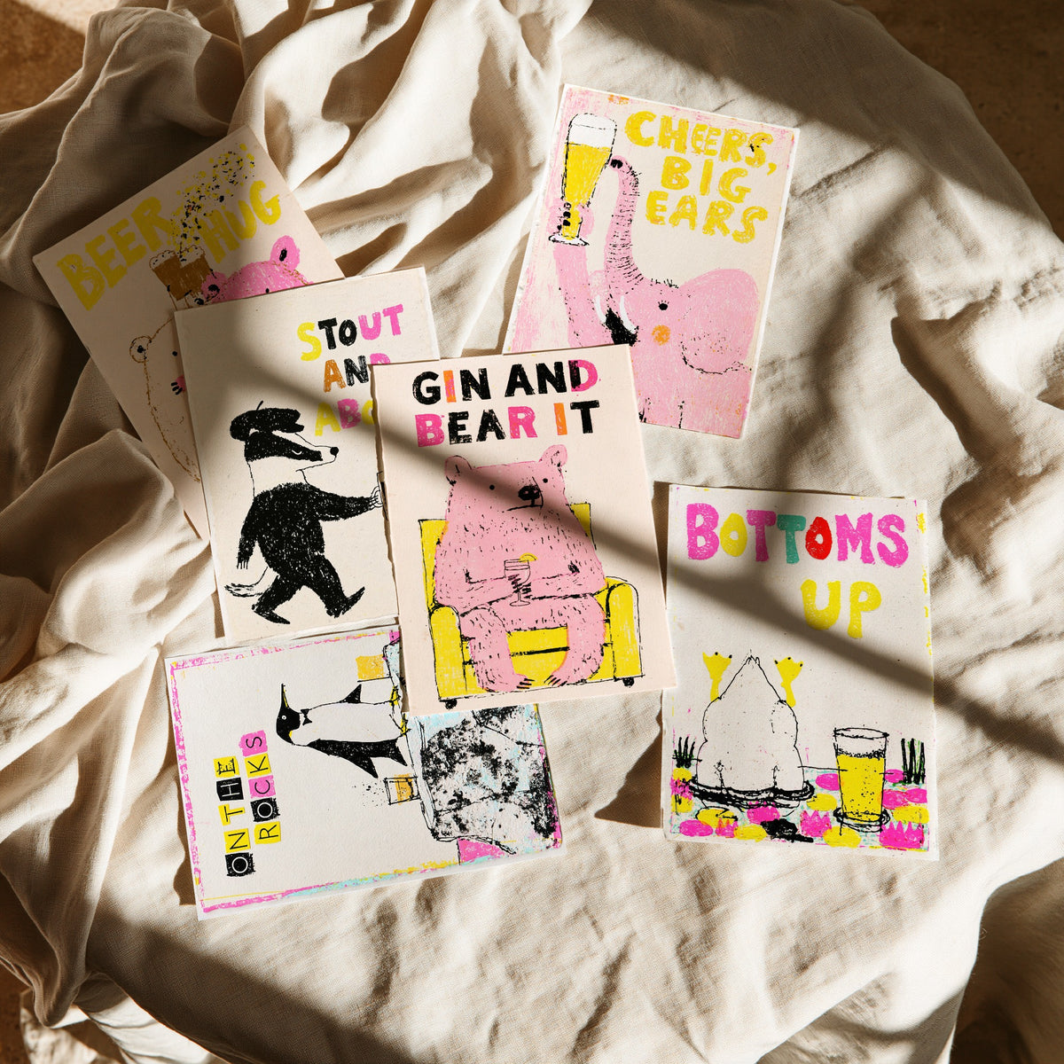Set of Six Pub Animal Art Prints - 6 Funny Drinks Posters - Beer Hug, Stout and About, Cheers Big Ears, Gin and Bear It Illustration