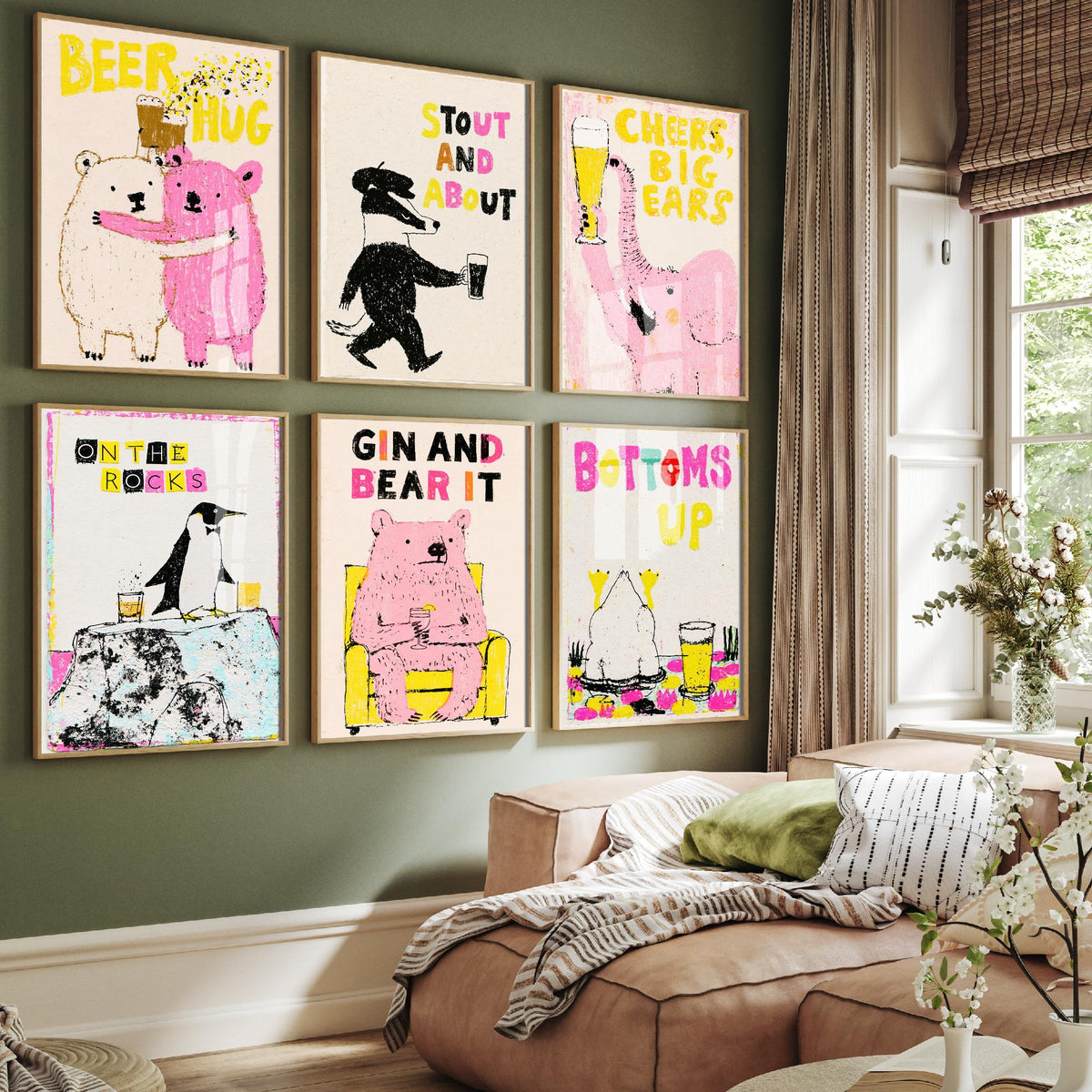 Set of Six Pub Animal Art Prints - 6 Funny Drinks Posters - Beer Hug, Stout and About, Cheers Big Ears, Gin and Bear It Illustration