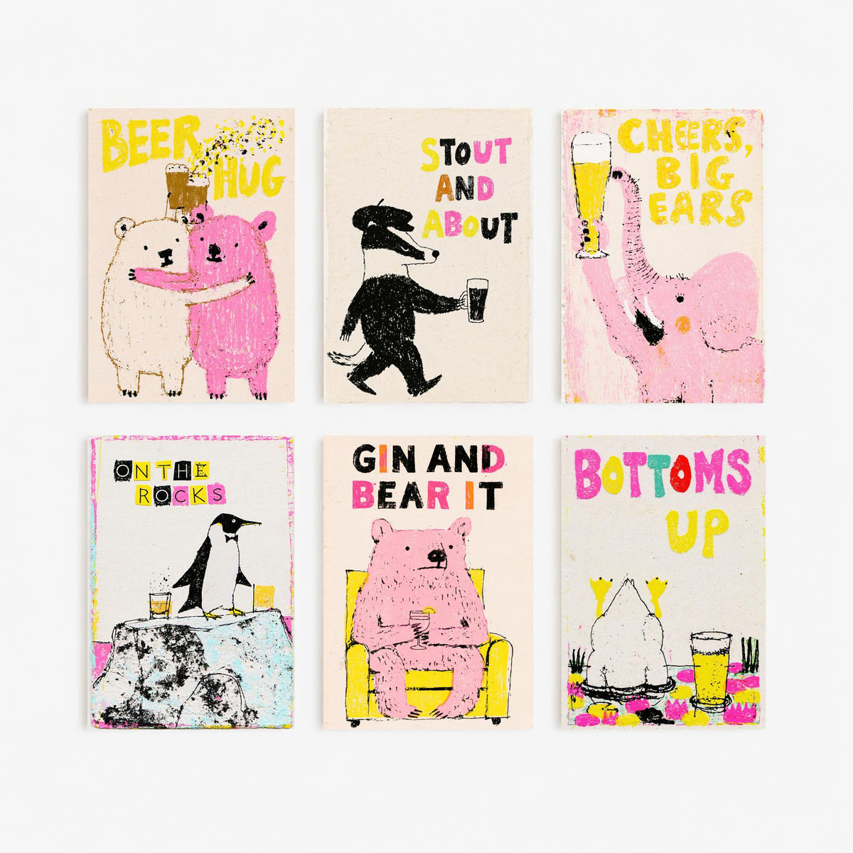 Set of Six Pub Animal Art Prints - 6 Funny Drinks Posters - Beer Hug, Stout and About, Cheers Big Ears, Gin and Bear It Illustration