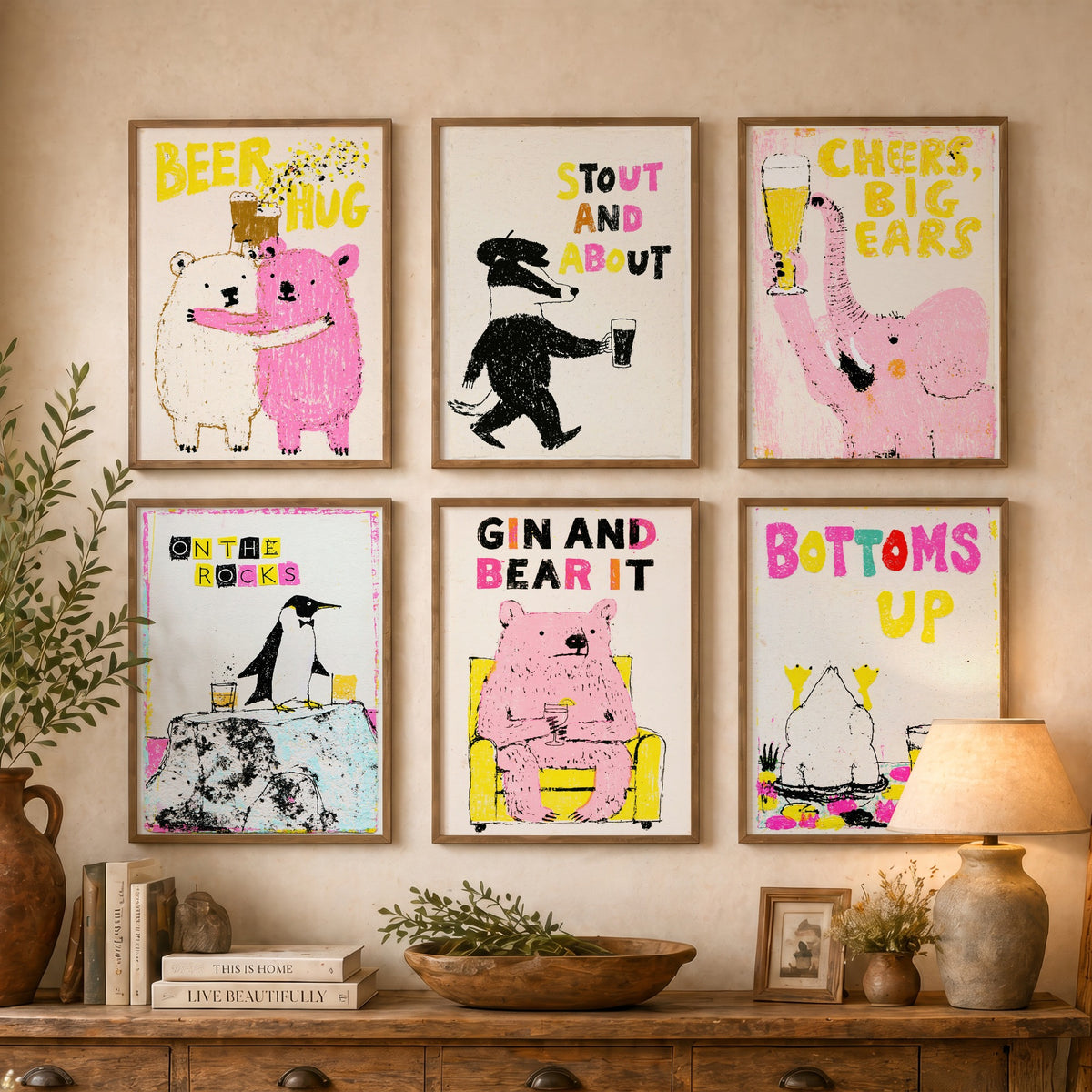 Set of Six Pub Animal Art Prints - 6 Funny Drinks Posters - Beer Hug, Stout and About, Cheers Big Ears, Gin and Bear It Illustration