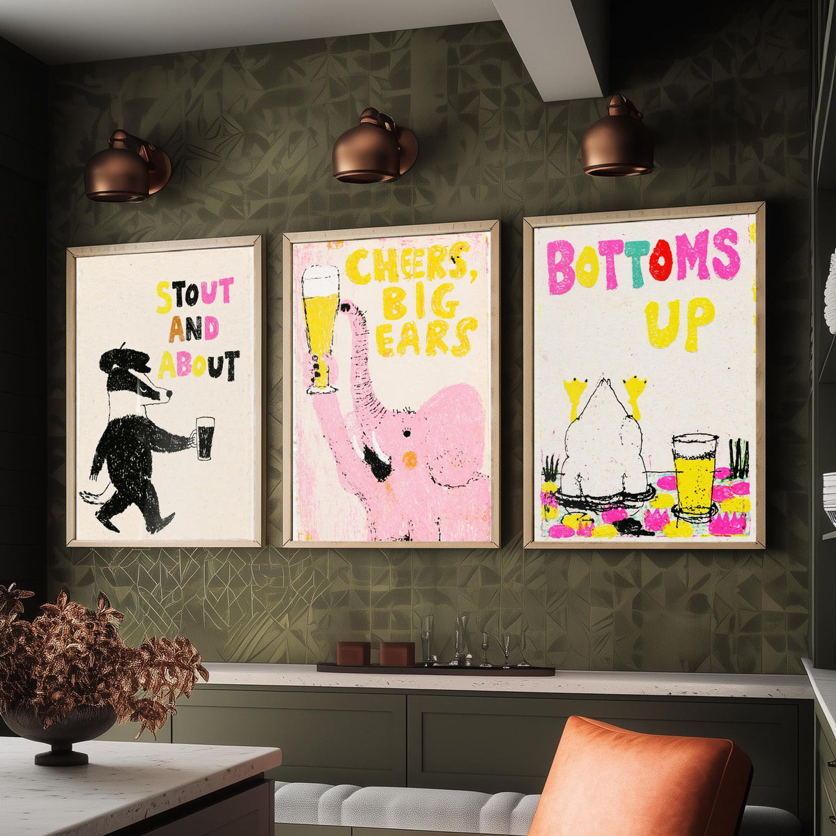 Stout and About - Cheers, Big Ears - Bottoms Up - Pub Humour Set of Three Art Prints - Badger, Elephant and Duck Beer Poster Illustration