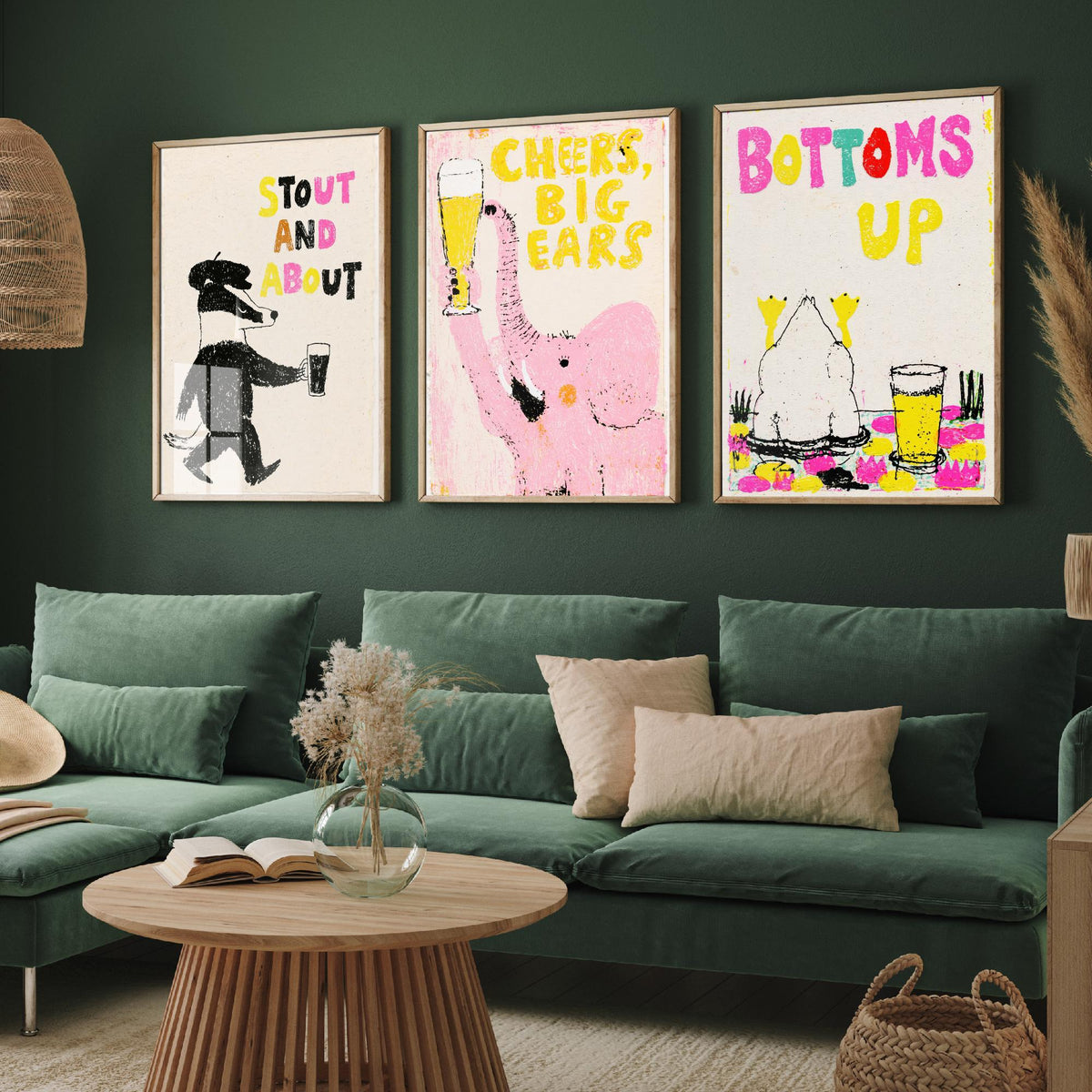 Stout and About - Cheers, Big Ears - Bottoms Up - Pub Humour Set of Three Art Prints - Badger, Elephant and Duck Beer Poster Illustration