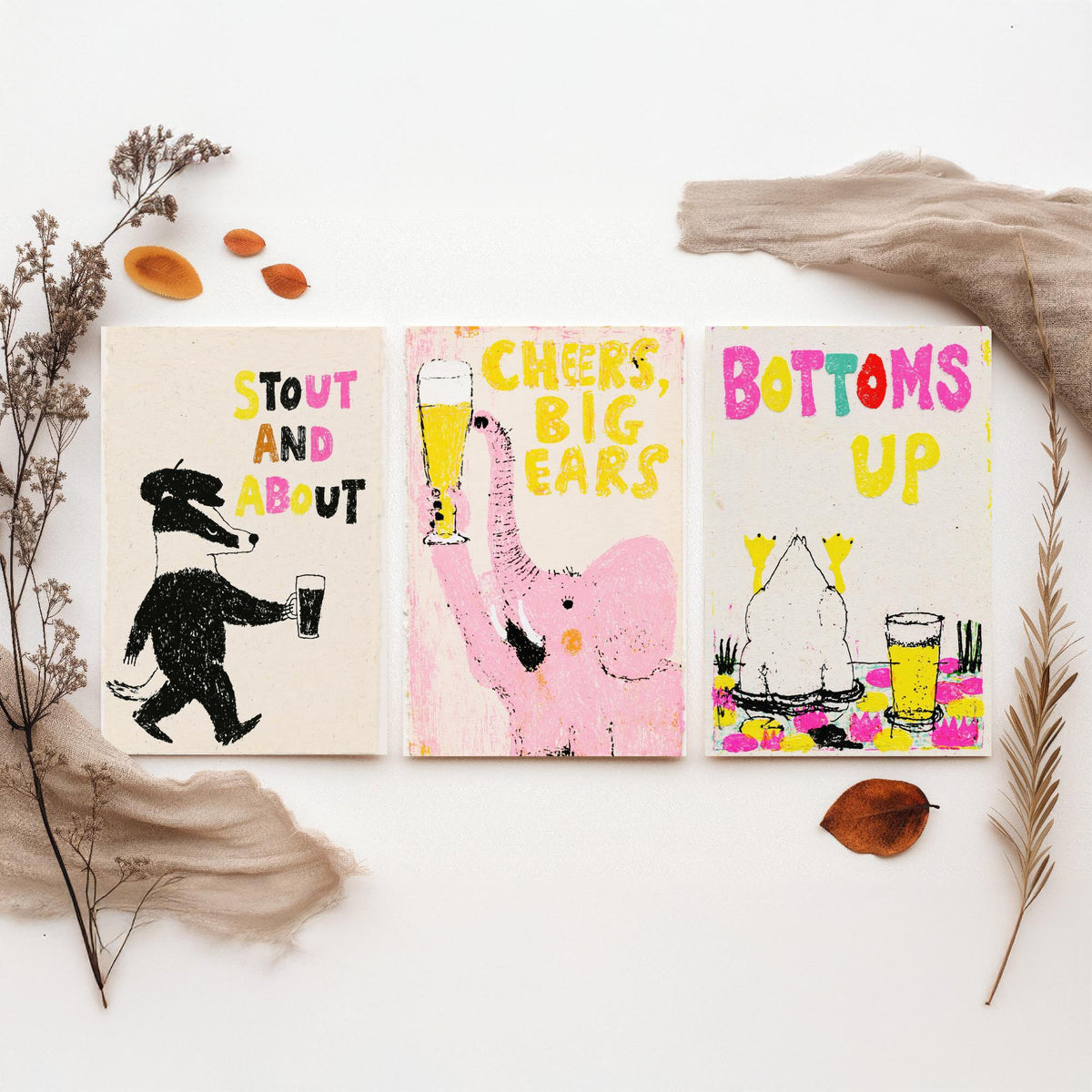Stout and About - Cheers, Big Ears - Bottoms Up - Pub Humour Set of Three Art Prints - Badger, Elephant and Duck Beer Poster Illustration