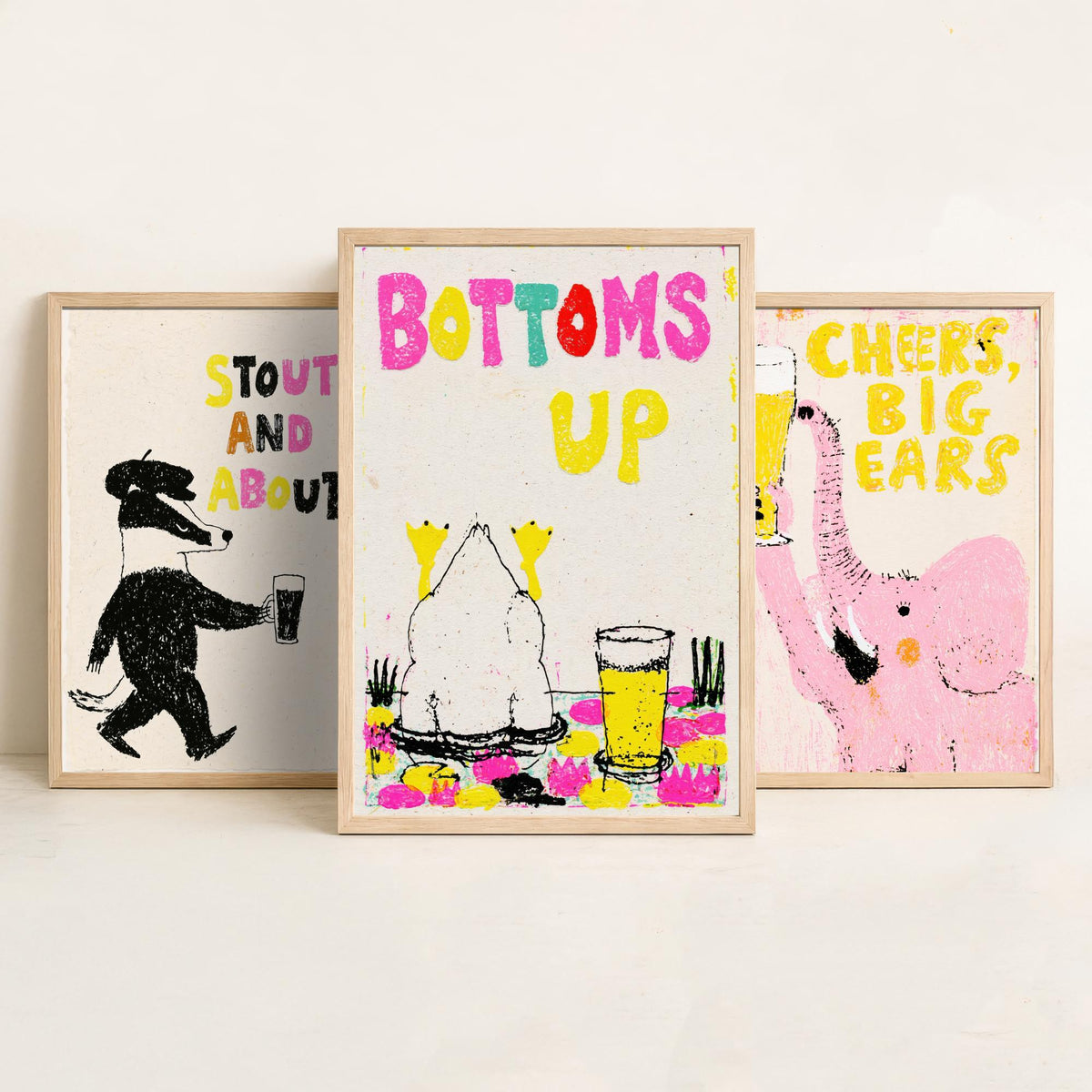 Stout and About - Cheers, Big Ears - Bottoms Up - Pub Humour Set of Three Art Prints - Badger, Elephant and Duck Beer Poster Illustration