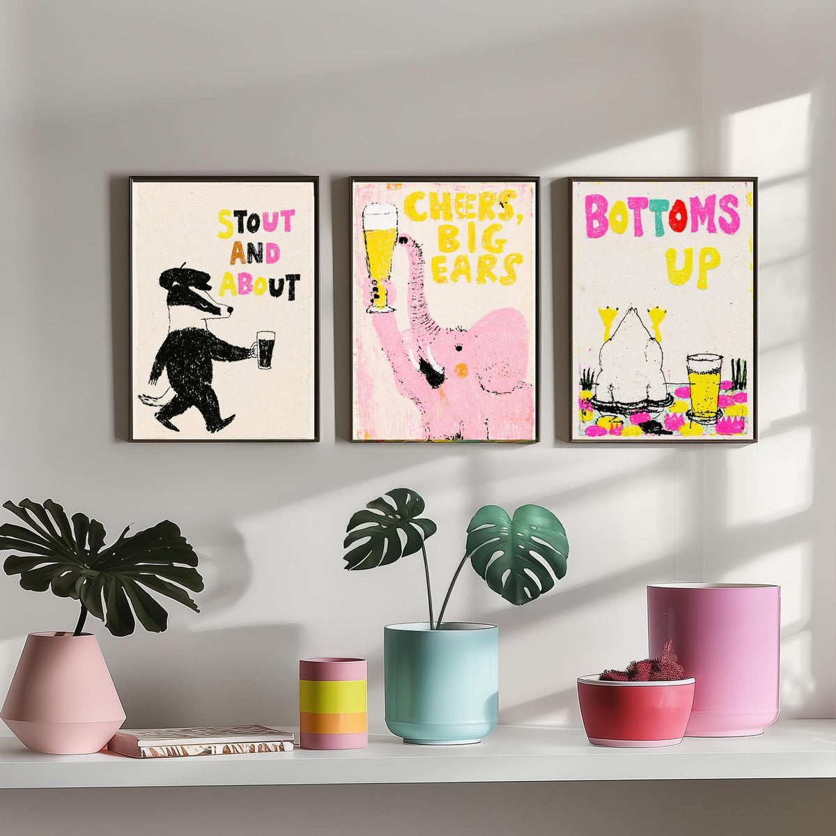 Stout and About - Cheers, Big Ears - Bottoms Up - Pub Humour Set of Three Art Prints - Badger, Elephant and Duck Beer Poster Illustration