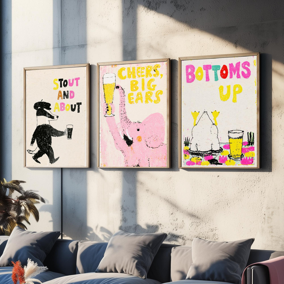 Stout and About - Cheers, Big Ears - Bottoms Up - Pub Humour Set of Three Art Prints - Badger, Elephant and Duck Beer Poster Illustration