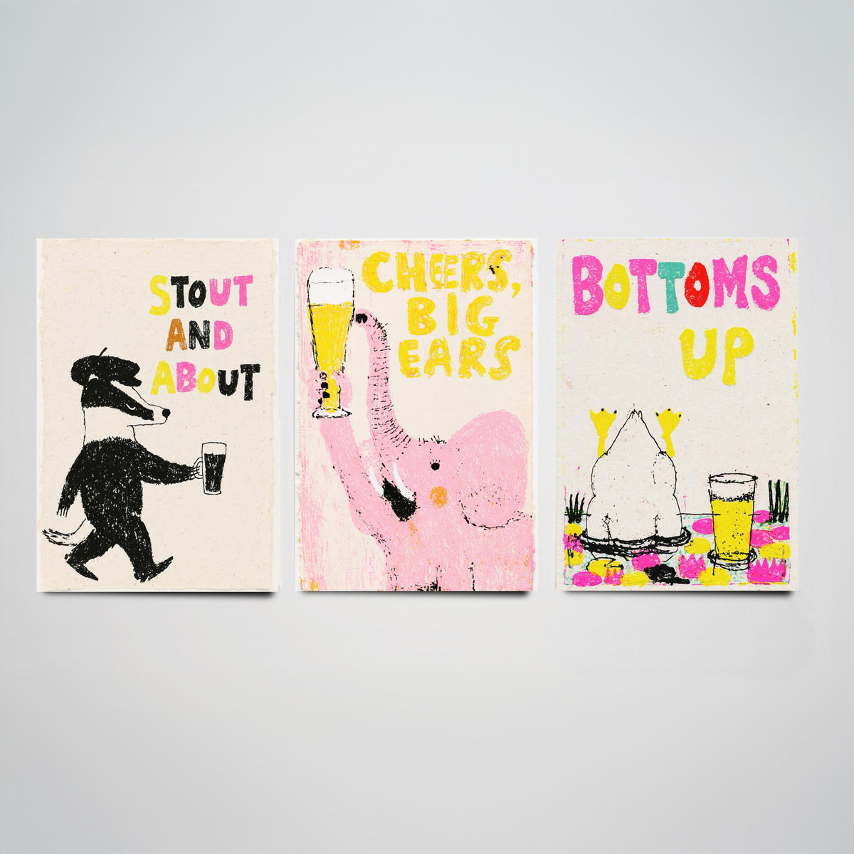 Stout and About - Cheers, Big Ears - Bottoms Up - Pub Humour Set of Three Art Prints - Badger, Elephant and Duck Beer Poster Illustration