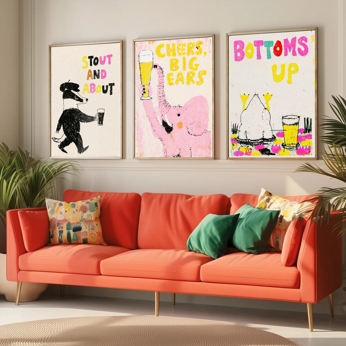 Stout and About - Cheers, Big Ears - Bottoms Up - Pub Humour Set of Three Art Prints - Badger, Elephant and Duck Beer Poster Illustration