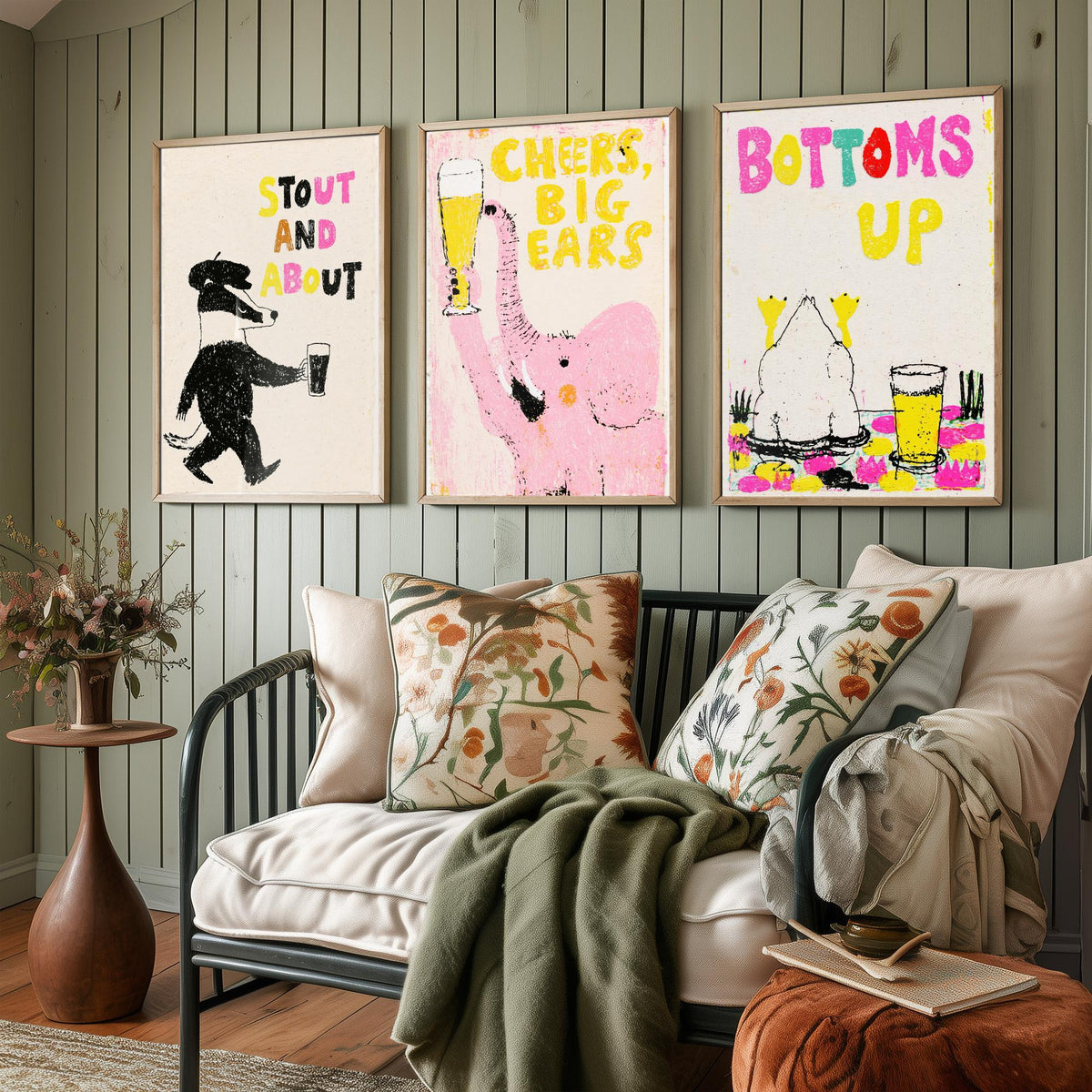 Stout and About - Cheers, Big Ears - Bottoms Up - Pub Humour Set of Three Art Prints - Badger, Elephant and Duck Beer Poster Illustration