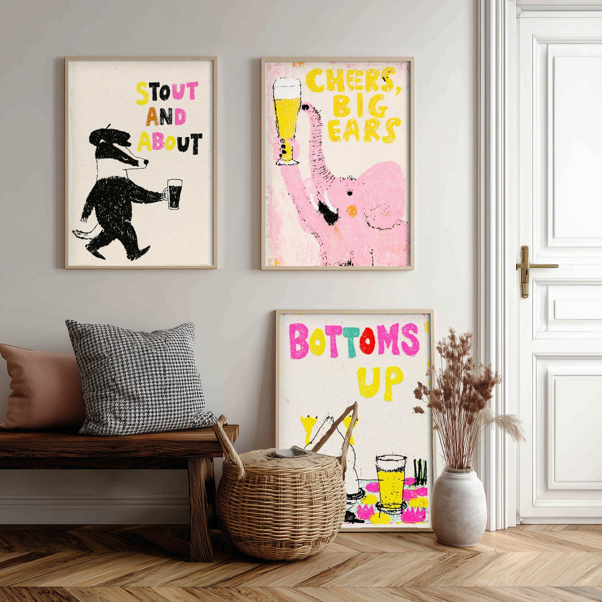 Stout and About - Cheers, Big Ears - Bottoms Up - Pub Humour Set of Three Art Prints - Badger, Elephant and Duck Beer Poster Illustration