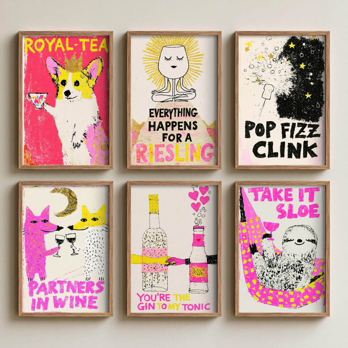 Set of Six Drinks Pun Art Prints - 6 Wine, Gin and Fizz Posters - Partners in Wine, Take It Sloe, Pop Fizz Clink, Royal-Tea Illustration