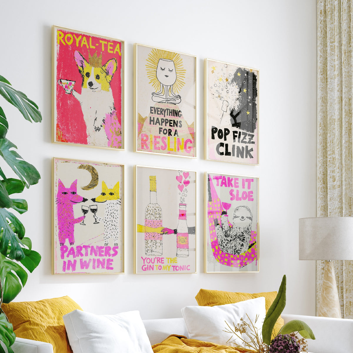 Set of Six Drinks Pun Art Prints - 6 Wine, Gin and Fizz Posters - Partners in Wine, Take It Sloe, Pop Fizz Clink, Royal-Tea Illustration