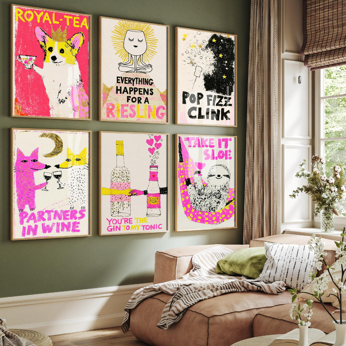 Set of Six Drinks Pun Art Prints - 6 Wine, Gin and Fizz Posters - Partners in Wine, Take It Sloe, Pop Fizz Clink, Royal-Tea Illustration