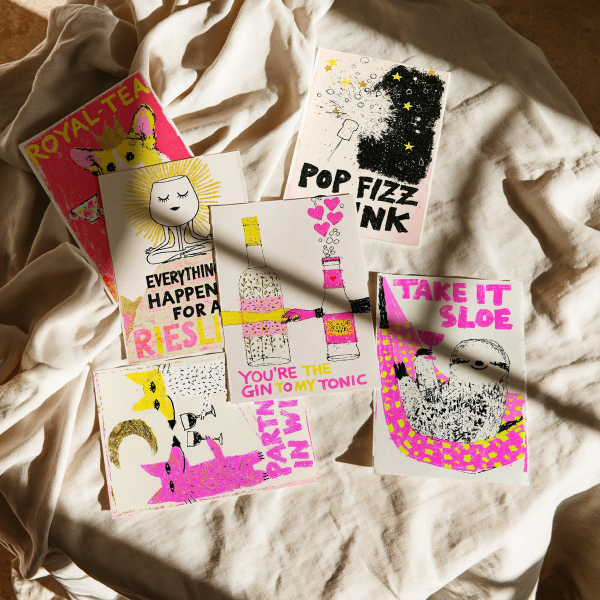 Set of Six Drinks Pun Art Prints - 6 Wine, Gin and Fizz Posters - Partners in Wine, Take It Sloe, Pop Fizz Clink, Royal-Tea Illustration