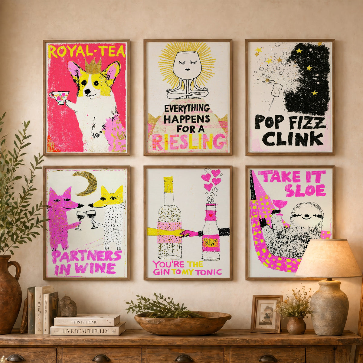 Set of Six Drinks Pun Art Prints - 6 Wine, Gin and Fizz Posters - Partners in Wine, Take It Sloe, Pop Fizz Clink, Royal-Tea Illustration