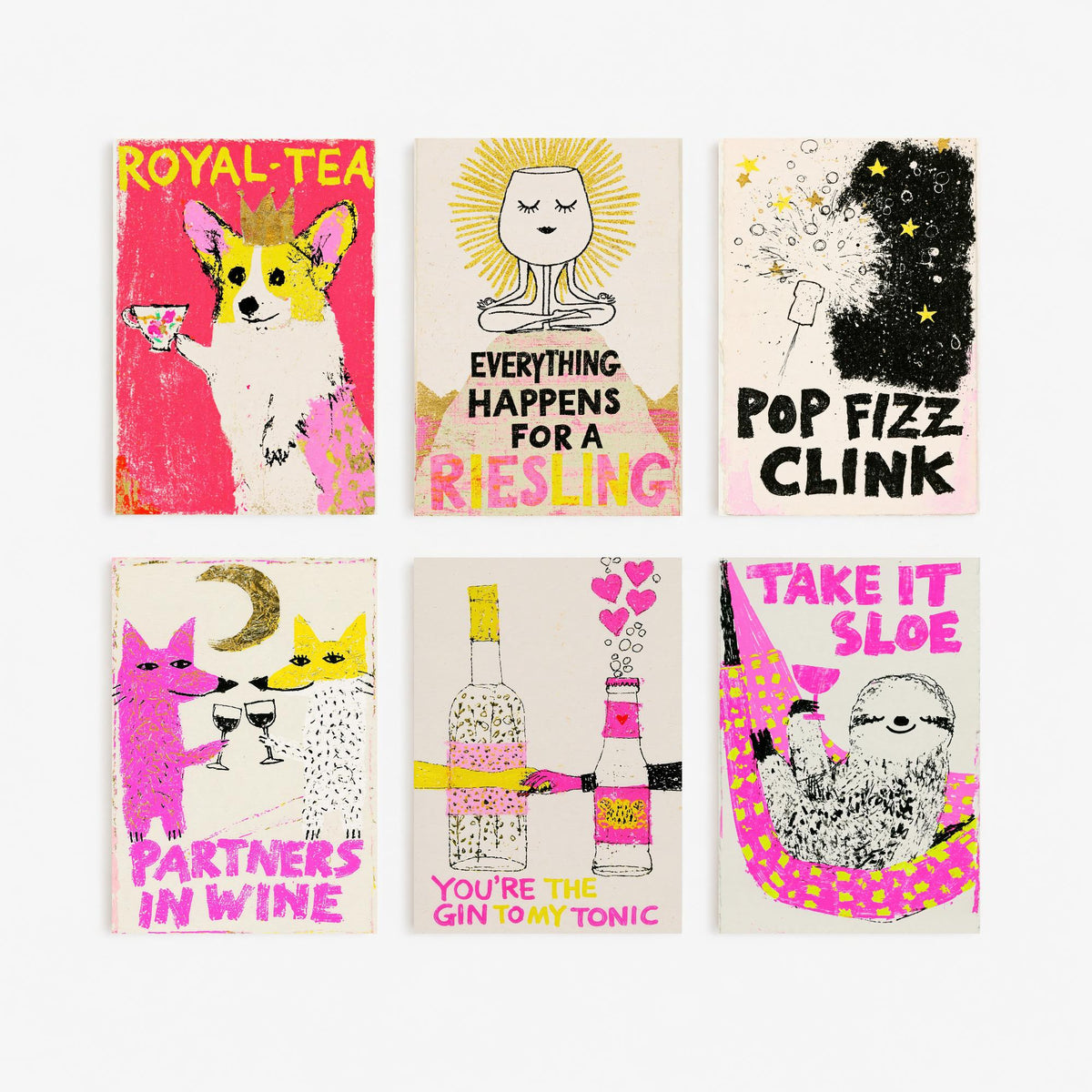 Set of Six Drinks Pun Art Prints - 6 Wine, Gin and Fizz Posters - Partners in Wine, Take It Sloe, Pop Fizz Clink, Royal-Tea Illustration