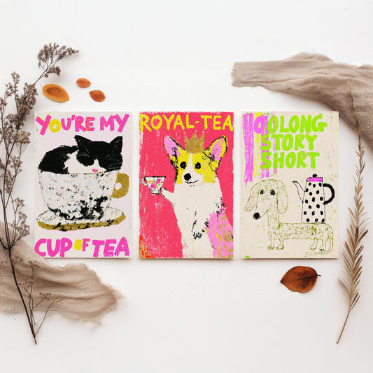 You're My Cup of Tea, Royal-Tea, Oolong Story Short - Tea Pets Set of Three Art Prints - Cat, Corgi, Dachshund Kitchen Poster Illustration