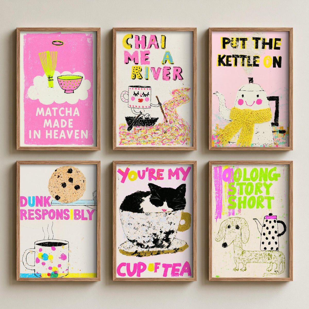 Set of Six Tea Pun Art Prints - 6 Funny Tea Posters - Matcha Made in Heaven, Chai Me a River, Oolong Story Short Illustration